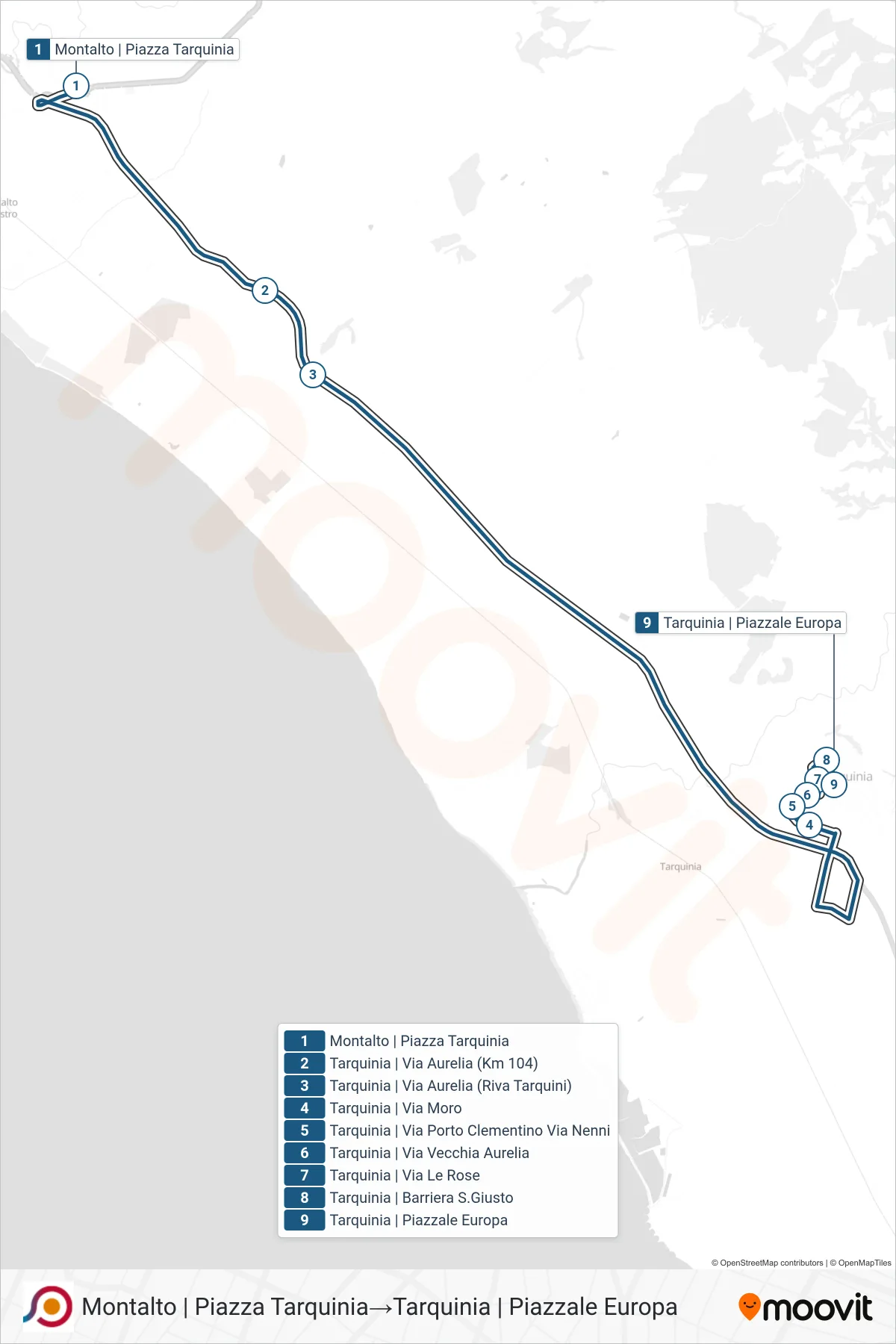 Linea COTRAL bus (Montalto | Piazza Tarquinia→Tarquinia | Piazzale Europa) - Percorsi e fermate sulla mappa
