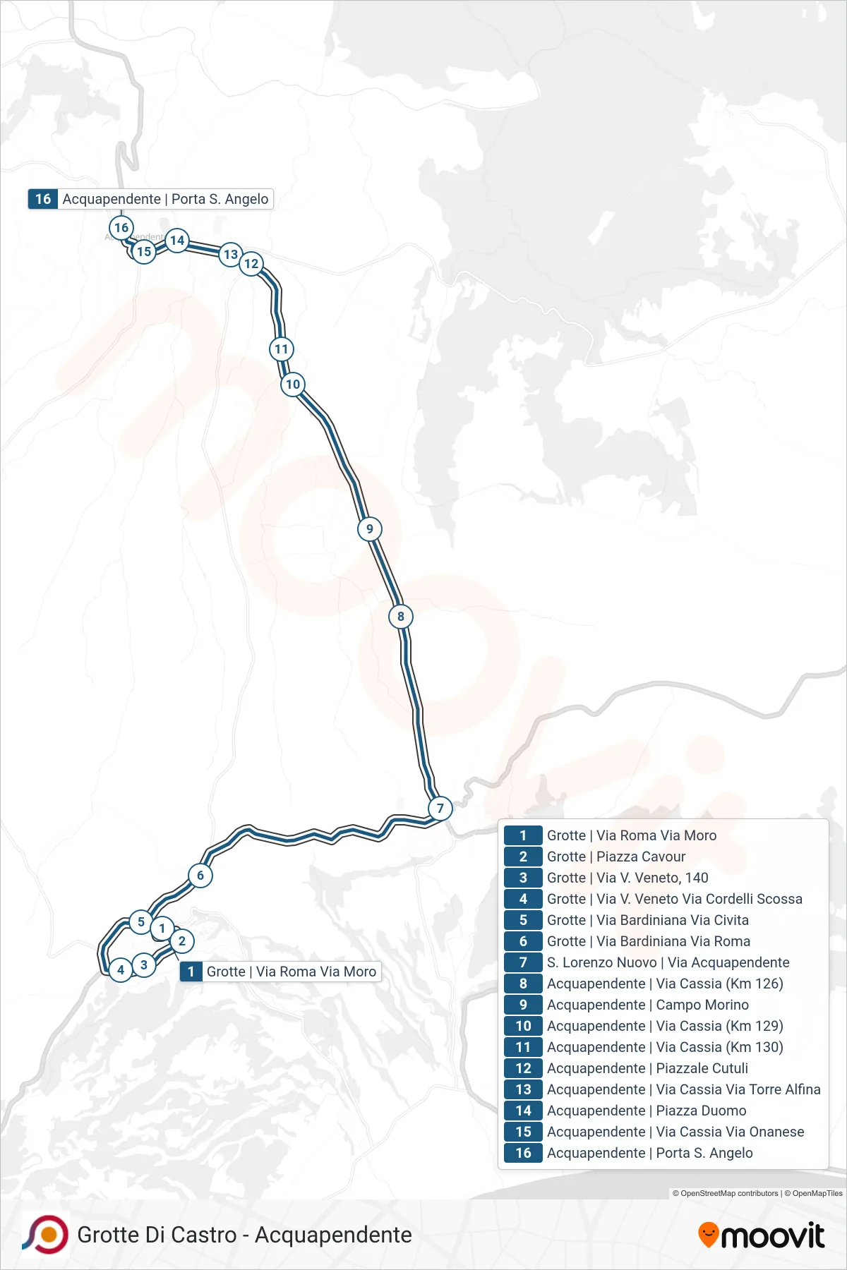 Linea COTRAL bus (Grotte | Via Roma Via Moro→Acquapendente | Porta S. Angelo) - Percorsi e fermate sulla mappa