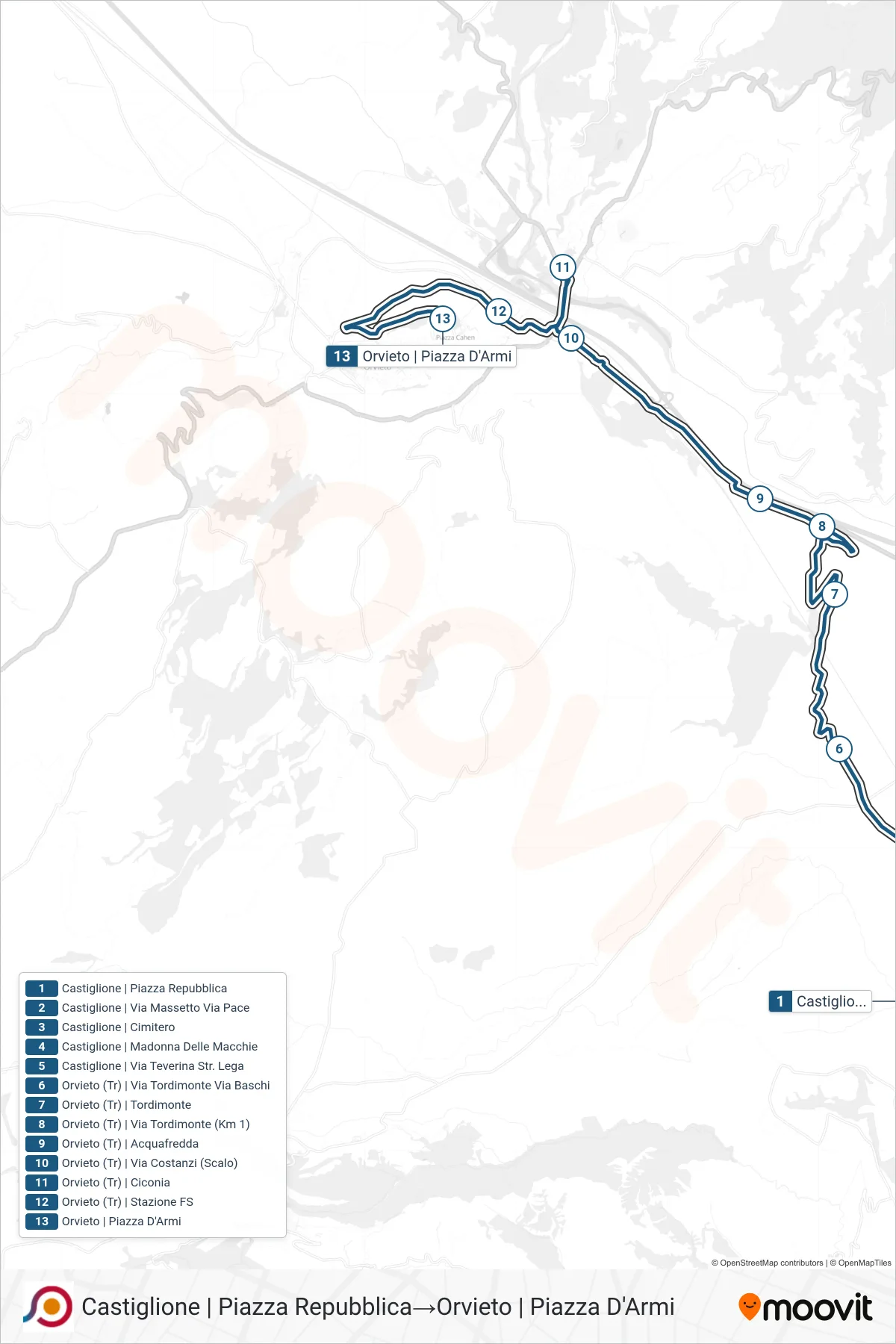 Linea COTRAL bus (Castiglione | Piazza Repubblica→Orvieto | Piazza D'Armi) - Percorsi e fermate sulla mappa