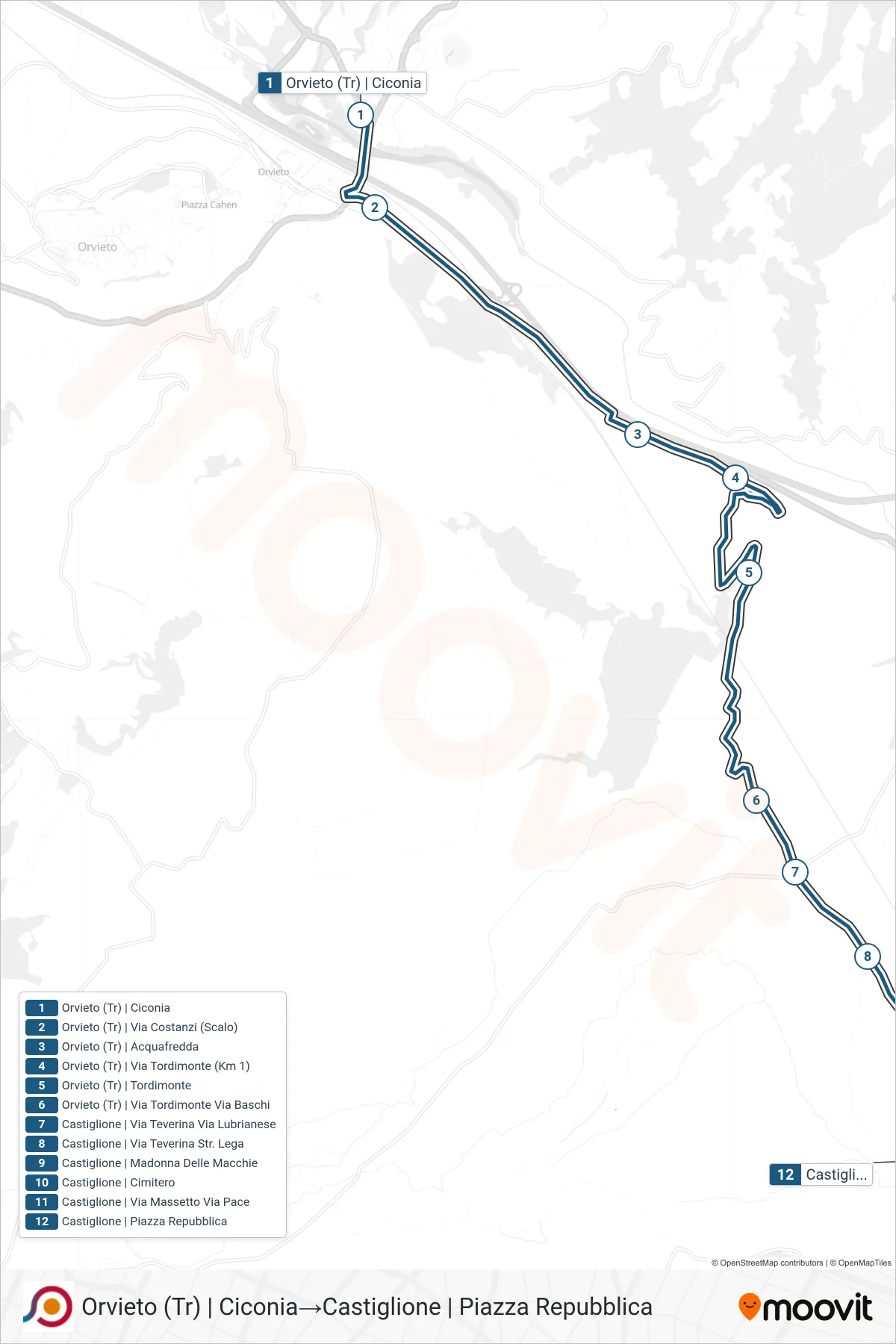Linea COTRAL bus (Orvieto (Tr) | Ciconia→Castiglione | Piazza Repubblica) - Percorsi e fermate sulla mappa