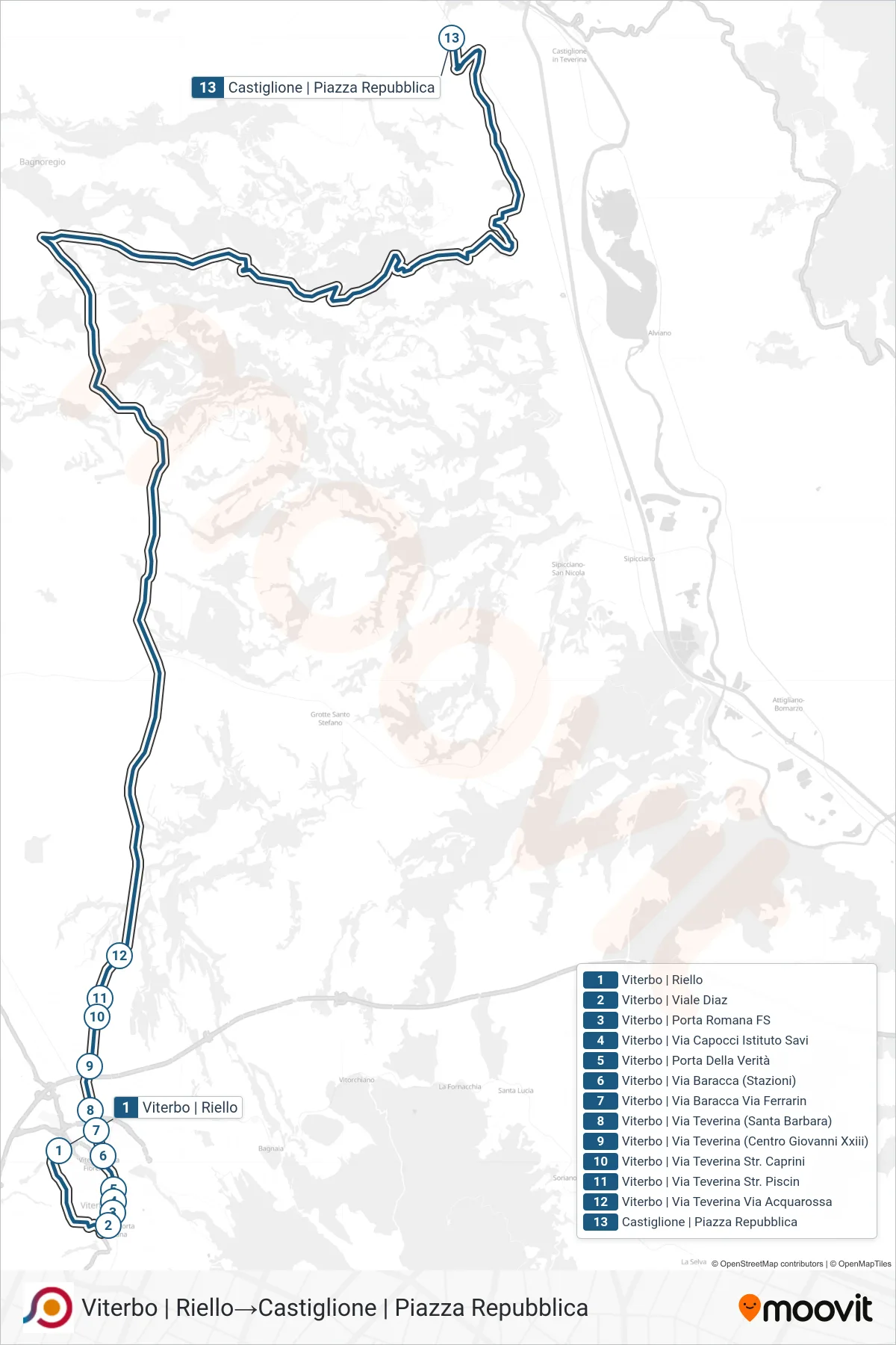 Linea COTRAL bus (Viterbo | Riello→Castiglione | Piazza Repubblica) - Percorsi e fermate sulla mappa