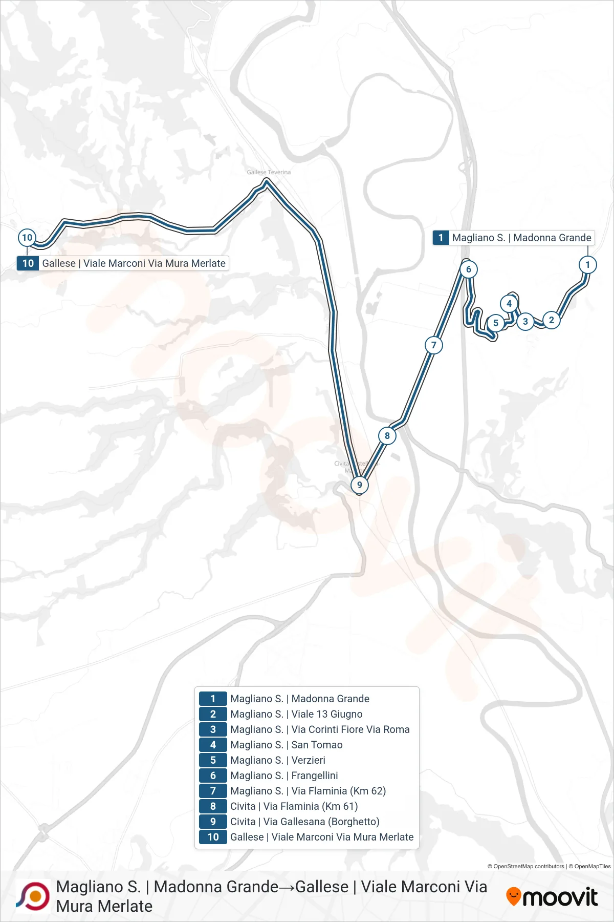 Linea COTRAL bus (Magliano S. | Madonna Grande→Gallese | Viale Marconi Via Mura Merlate) - Percorsi e fermate sulla mappa