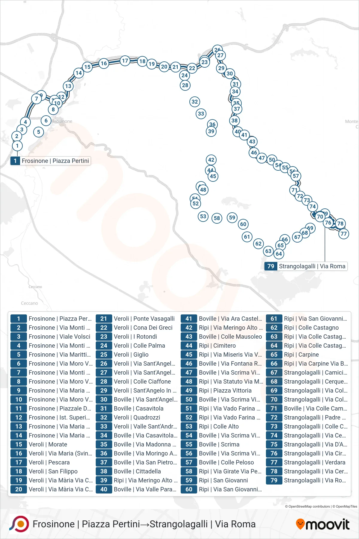 Linea COTRAL bus (Frosinone | Piazza Pertini→Strangolagalli | Via Roma) - Percorsi e fermate sulla mappa