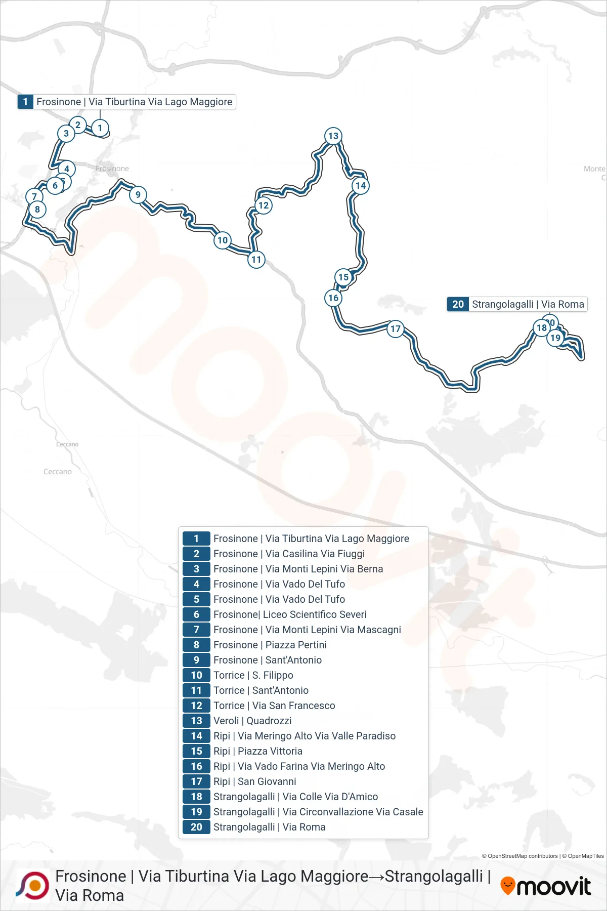 Linea COTRAL bus (Frosinone | Via Tiburtina Via Lago Maggiore→Strangolagalli | Via Roma) - Percorsi e fermate sulla mappa