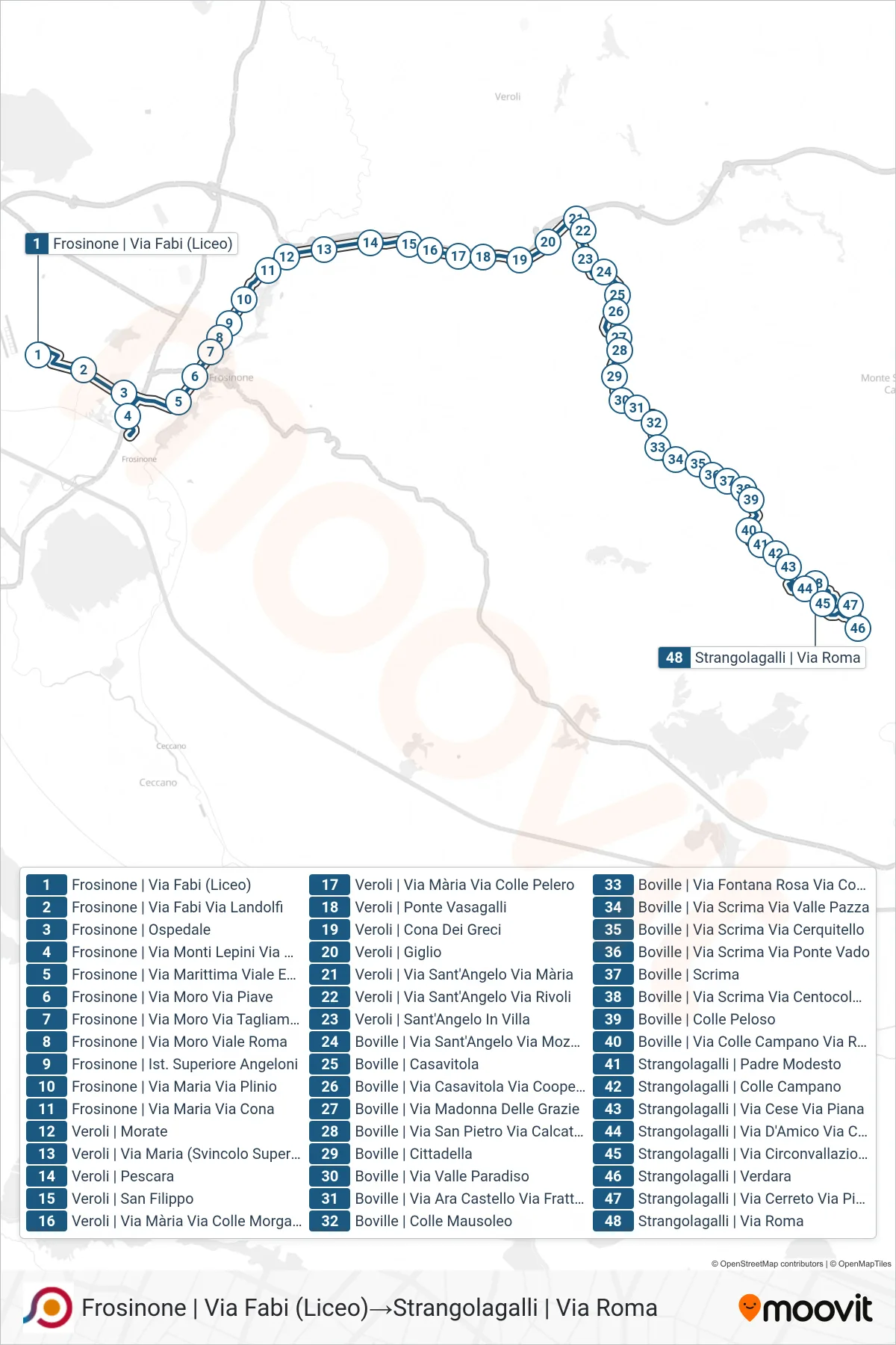 Linea COTRAL bus (Frosinone | Via Fabi (Liceo)→Strangolagalli | Via Roma) - Percorsi e fermate sulla mappa