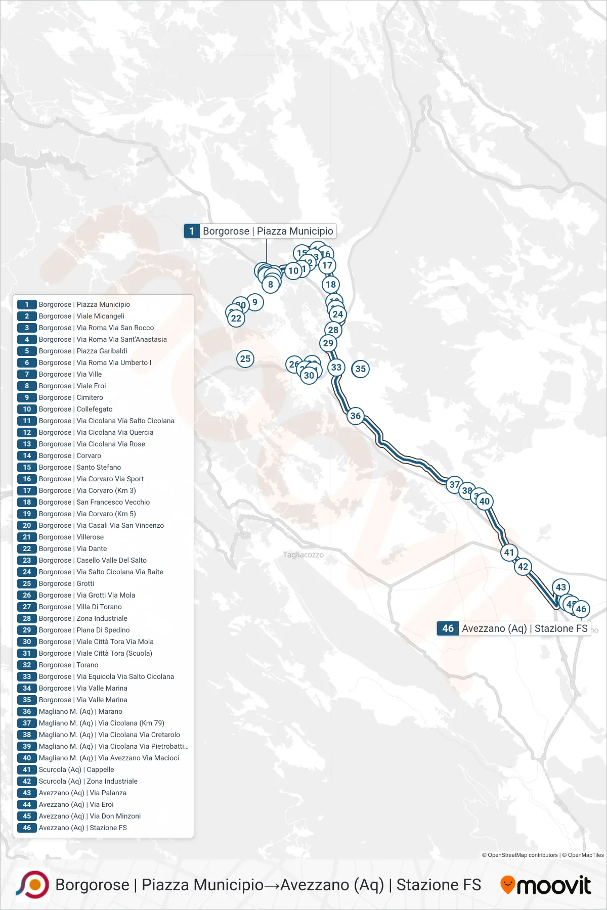 Linea COTRAL bus (Borgorose | Piazza Municipio→Avezzano (Aq) | Stazione FS) - Percorsi e fermate sulla mappa