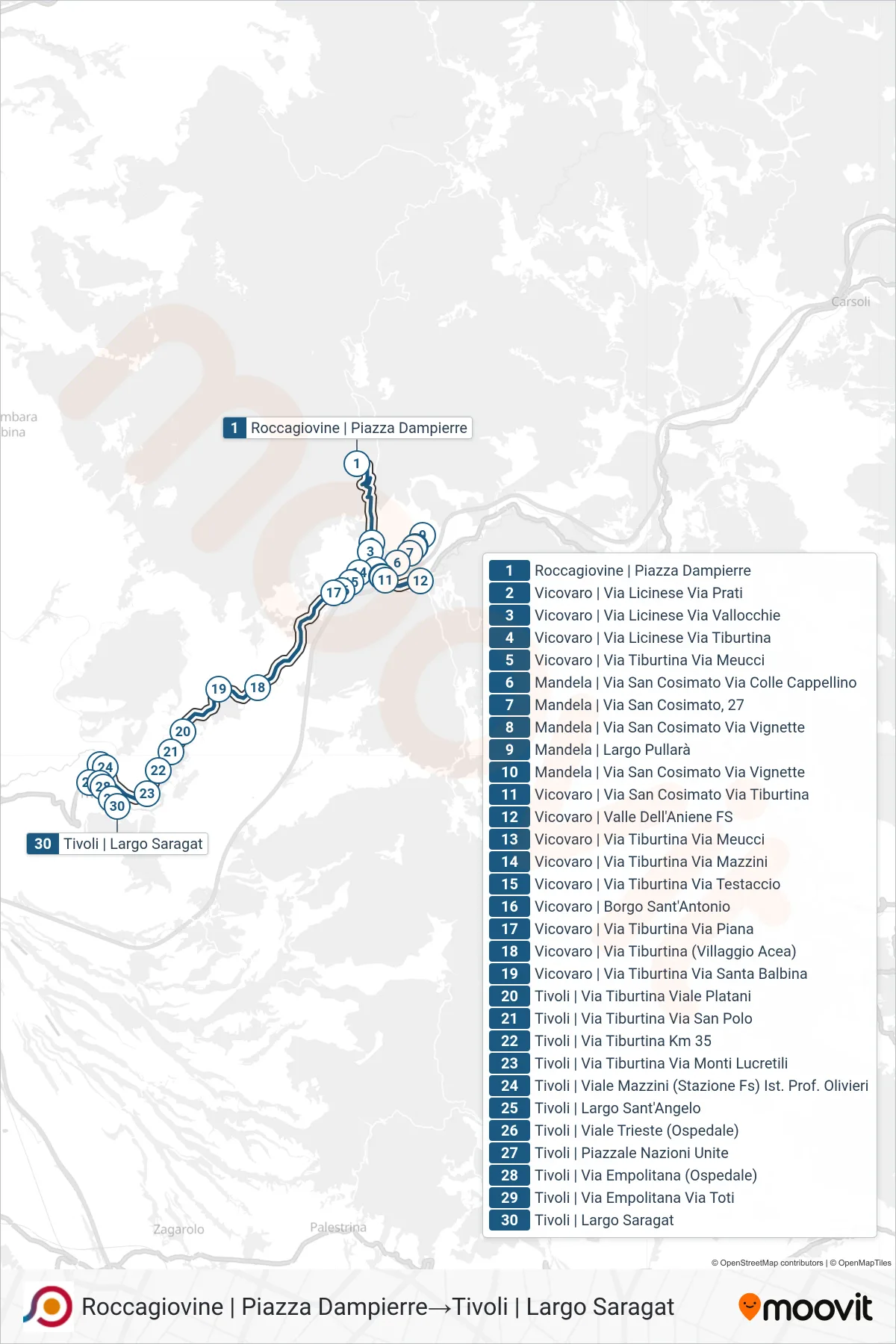 Linea COTRAL bus (Roccagiovine | Piazza Dampierre→Tivoli | Largo Saragat) - Percorsi e fermate sulla mappa