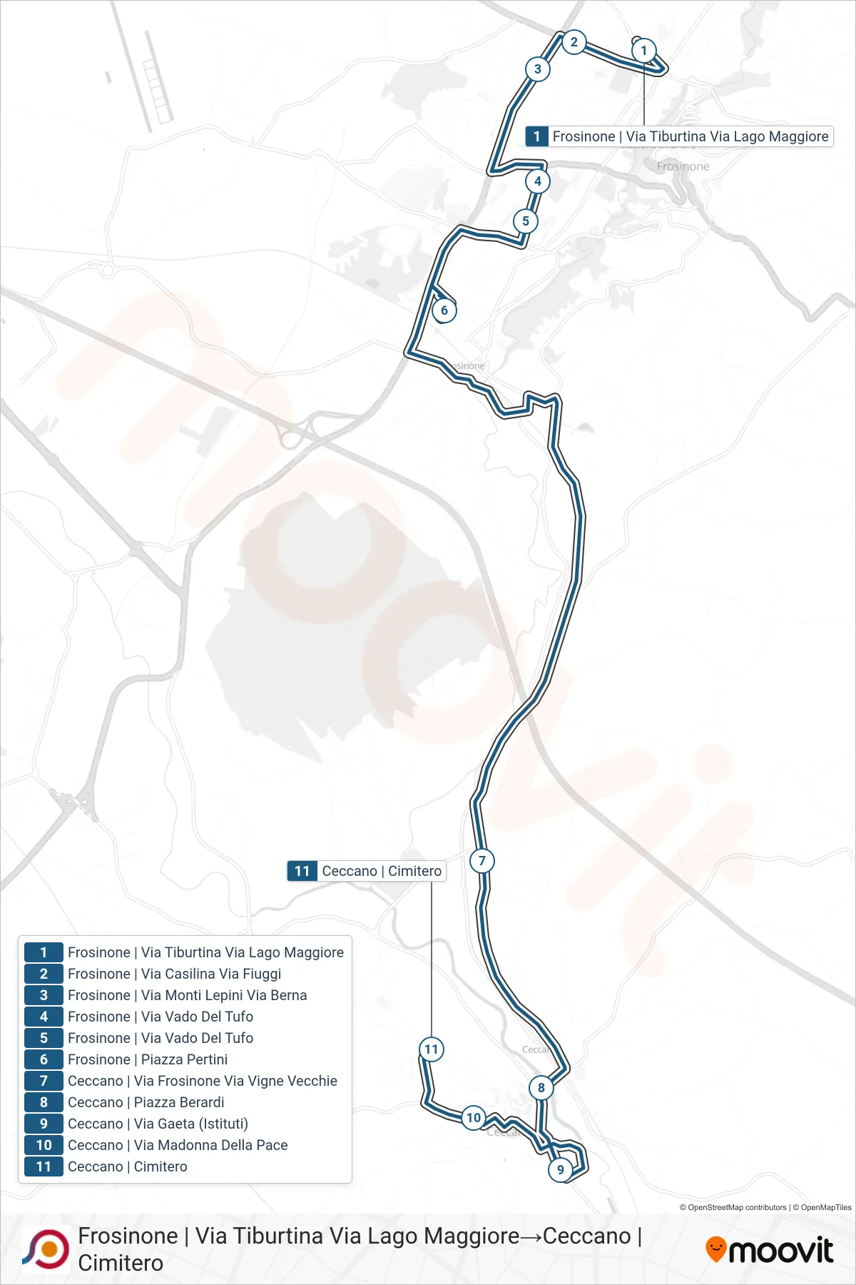 Linea COTRAL bus (Frosinone | Via Tiburtina Via Lago Maggiore→Ceccano | Cimitero) - Percorsi e fermate sulla mappa