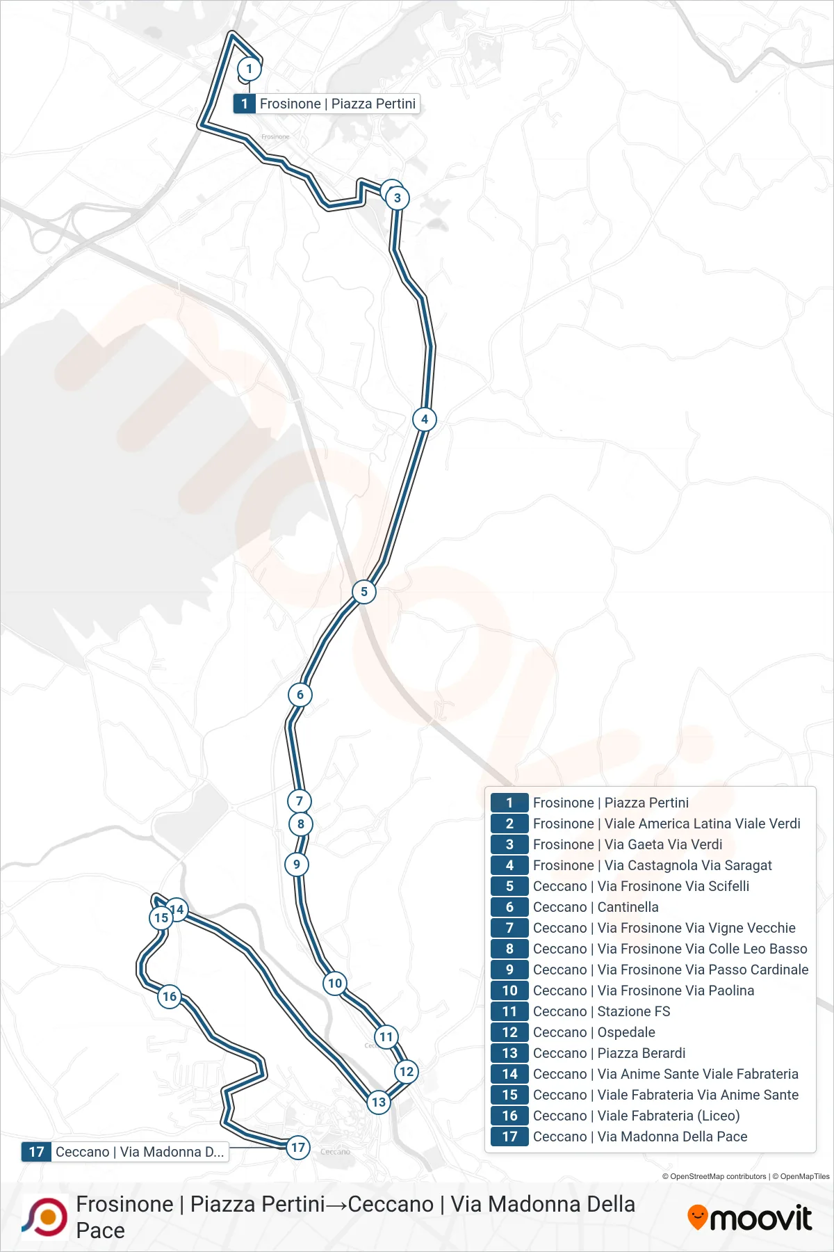 Linea COTRAL bus (Frosinone | Piazza Pertini→Ceccano | Via Madonna Della Pace) - Percorsi e fermate sulla mappa