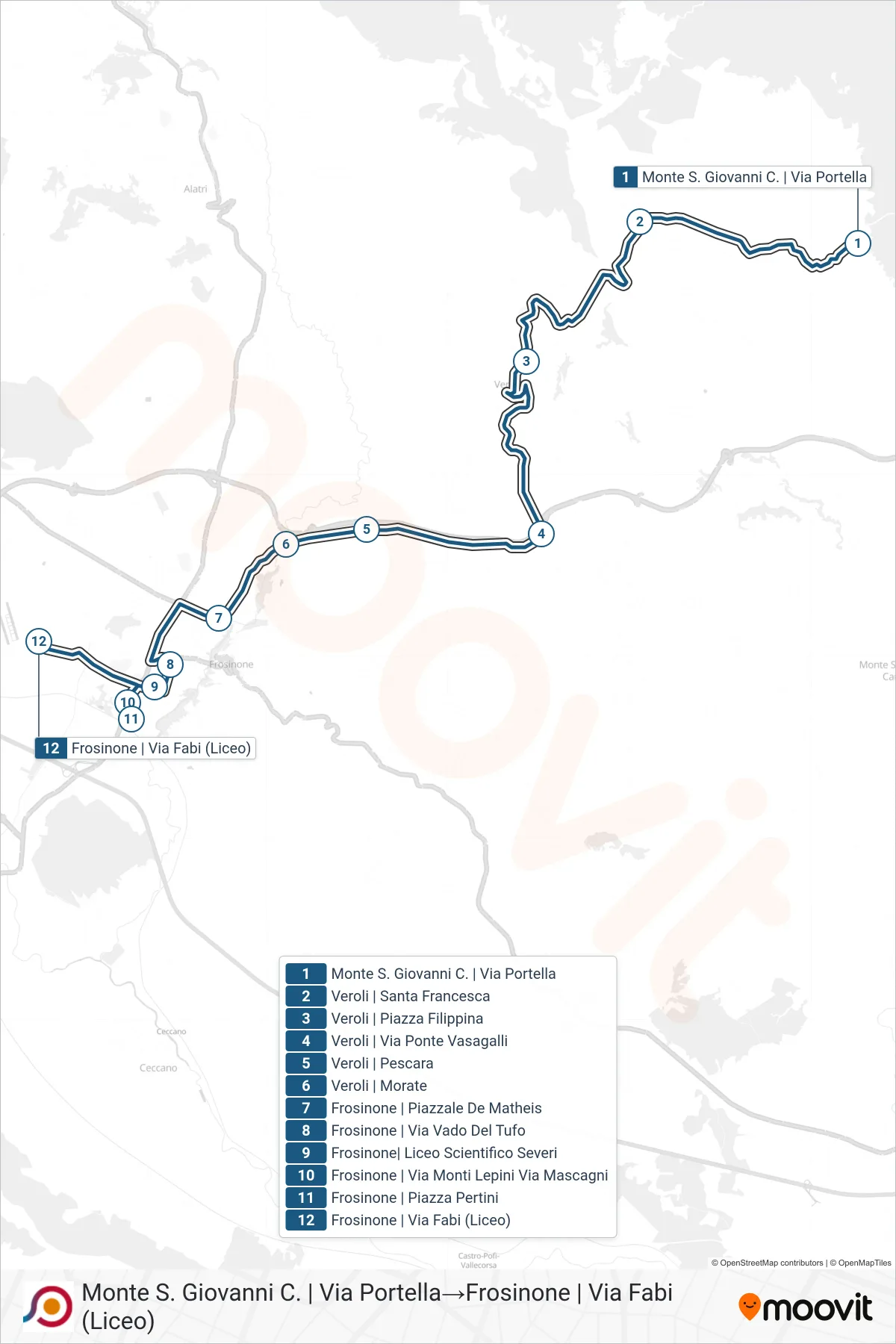 Linea COTRAL bus (Monte S. Giovanni C. | Via Portella→Frosinone | Via Fabi (Liceo)) - Percorsi e fermate sulla mappa