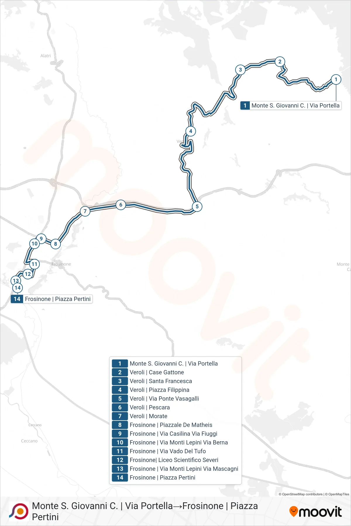 Linea COTRAL bus (Monte S. Giovanni C. | Via Portella→Frosinone | Piazza Pertini) - Percorsi e fermate sulla mappa