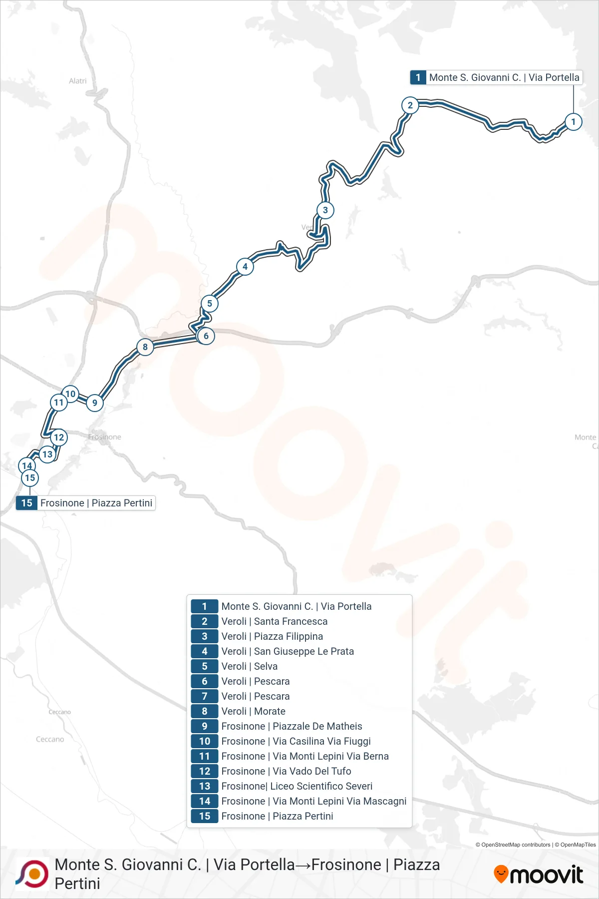 Linea COTRAL bus (Monte S. Giovanni C. | Via Portella→Frosinone | Piazza Pertini) - Percorsi e fermate sulla mappa
