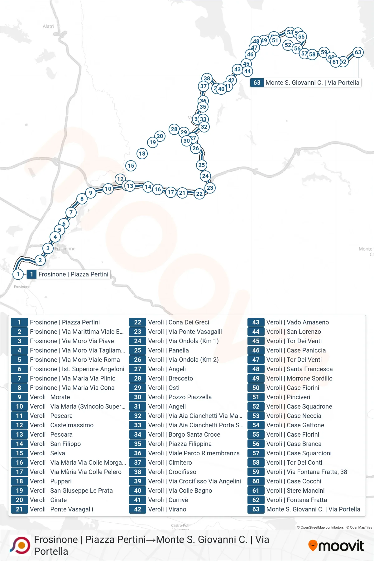 Linea COTRAL bus (Frosinone | Piazza Pertini→Monte S. Giovanni C. | Via Portella) - Percorsi e fermate sulla mappa