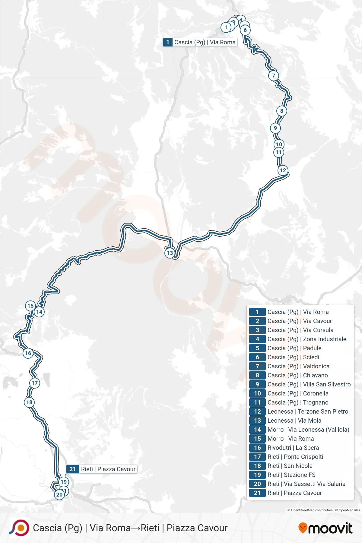 Linea COTRAL bus (Cascia (Pg) | Via Roma→Rieti | Piazza Cavour) - Percorsi e fermate sulla mappa