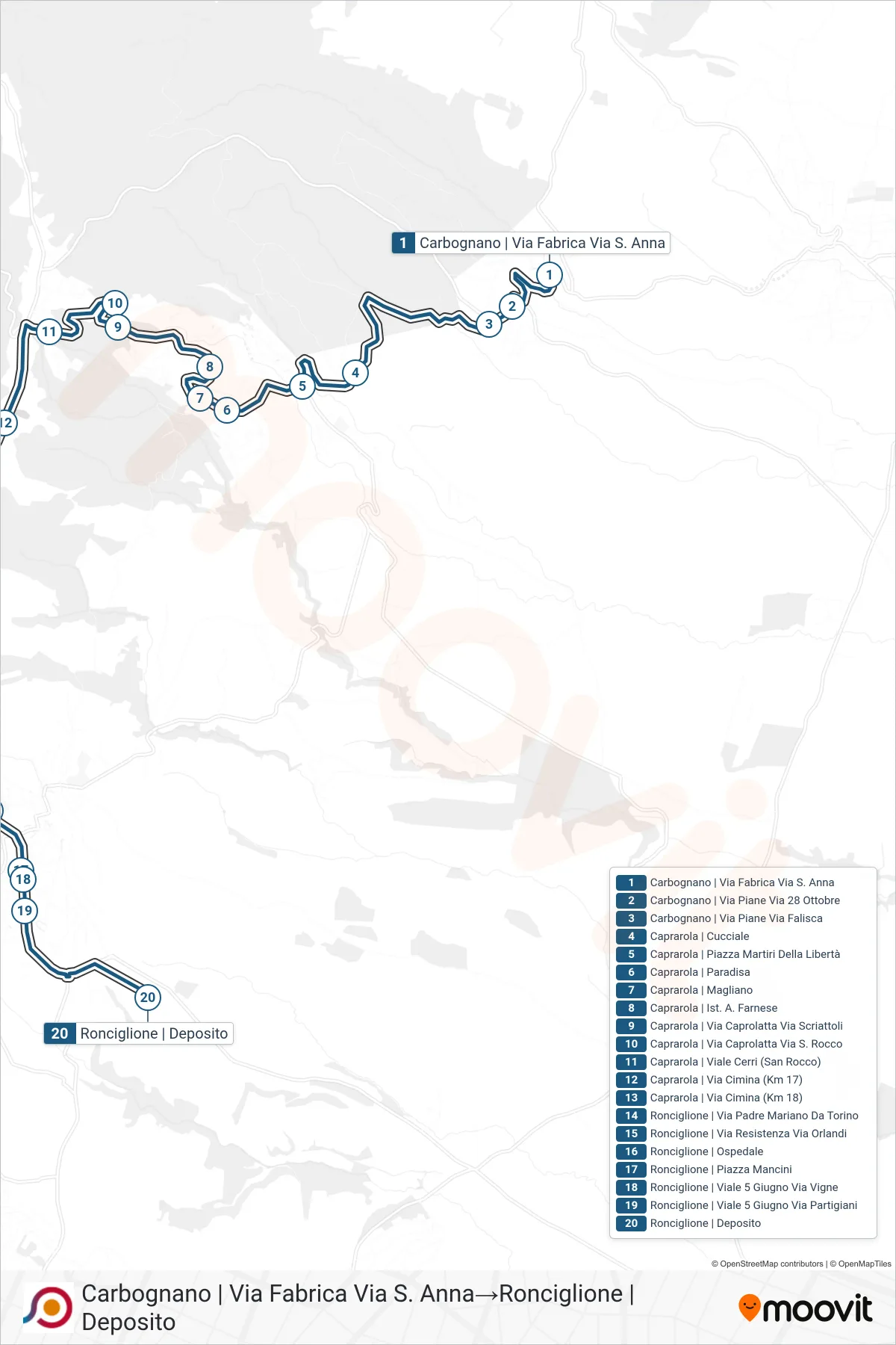 Linea COTRAL bus (Carbognano | Via Fabrica Via S. Anna→Ronciglione | Deposito) - Percorsi e fermate sulla mappa