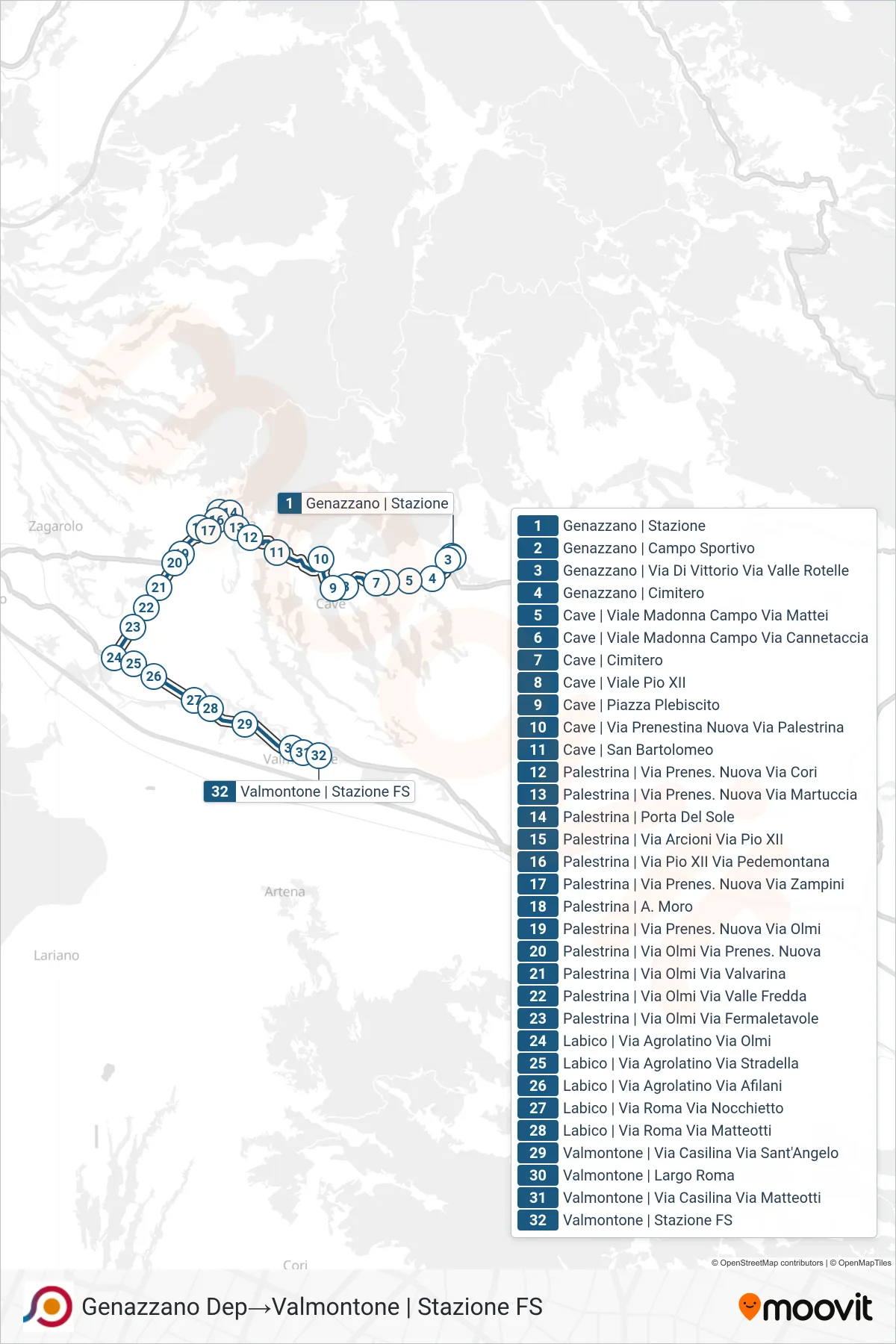 Linea COTRAL bus (Genazzano Dep→Valmontone | Stazione FS) - Percorsi e fermate sulla mappa