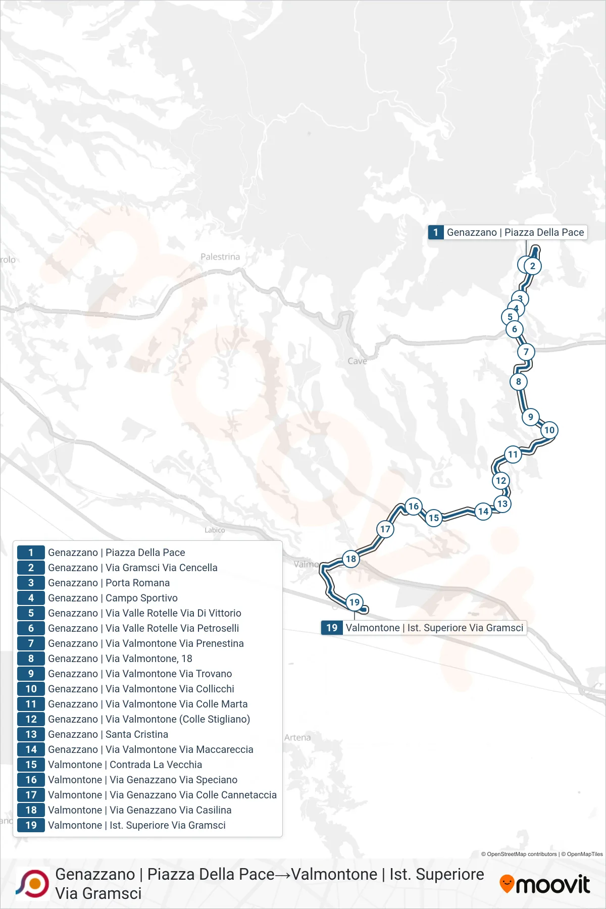 Linea COTRAL bus (Genazzano | Piazza Della Pace→Valmontone | Ist. Superiore Via Gramsci) - Percorsi e fermate sulla mappa