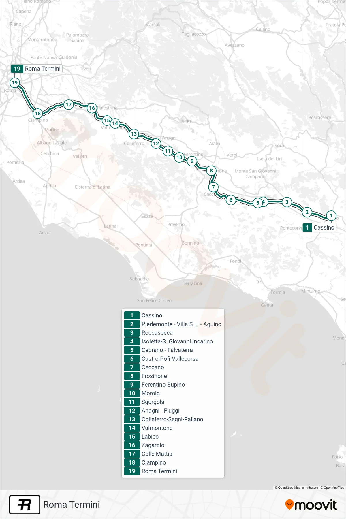 Linea R treno (Roma Termini) - Percorsi e fermate sulla mappa