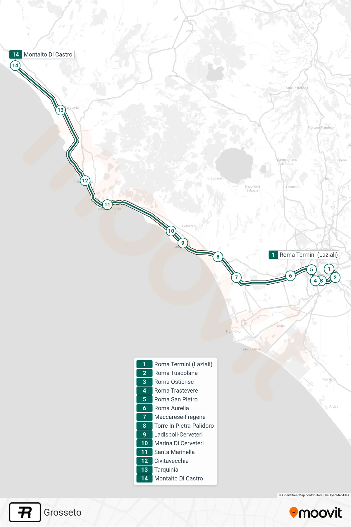 Linea R treno (Grosseto) - Percorsi e fermate sulla mappa