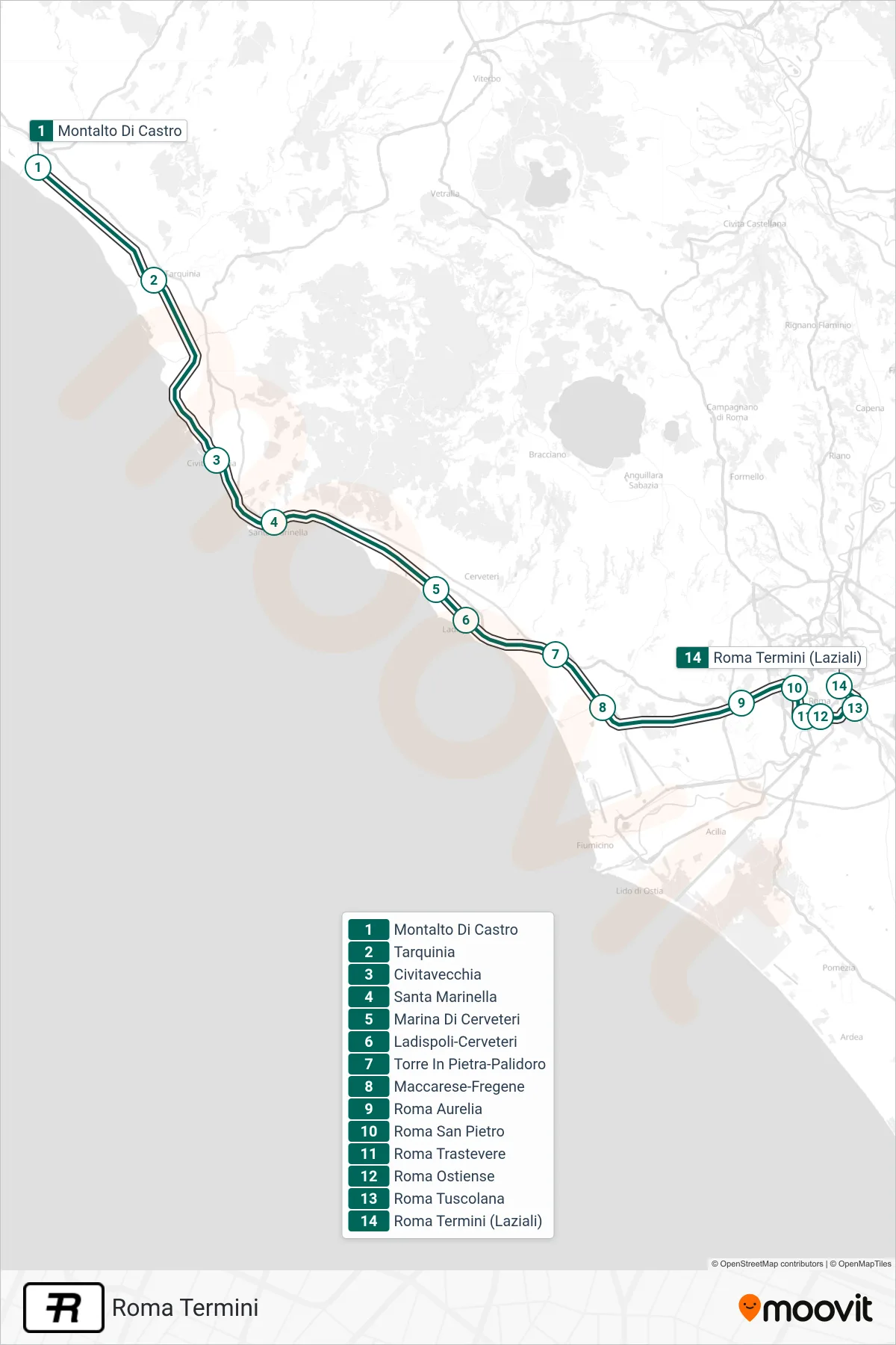 Linea R treno (Roma Termini) - Percorsi e fermate sulla mappa