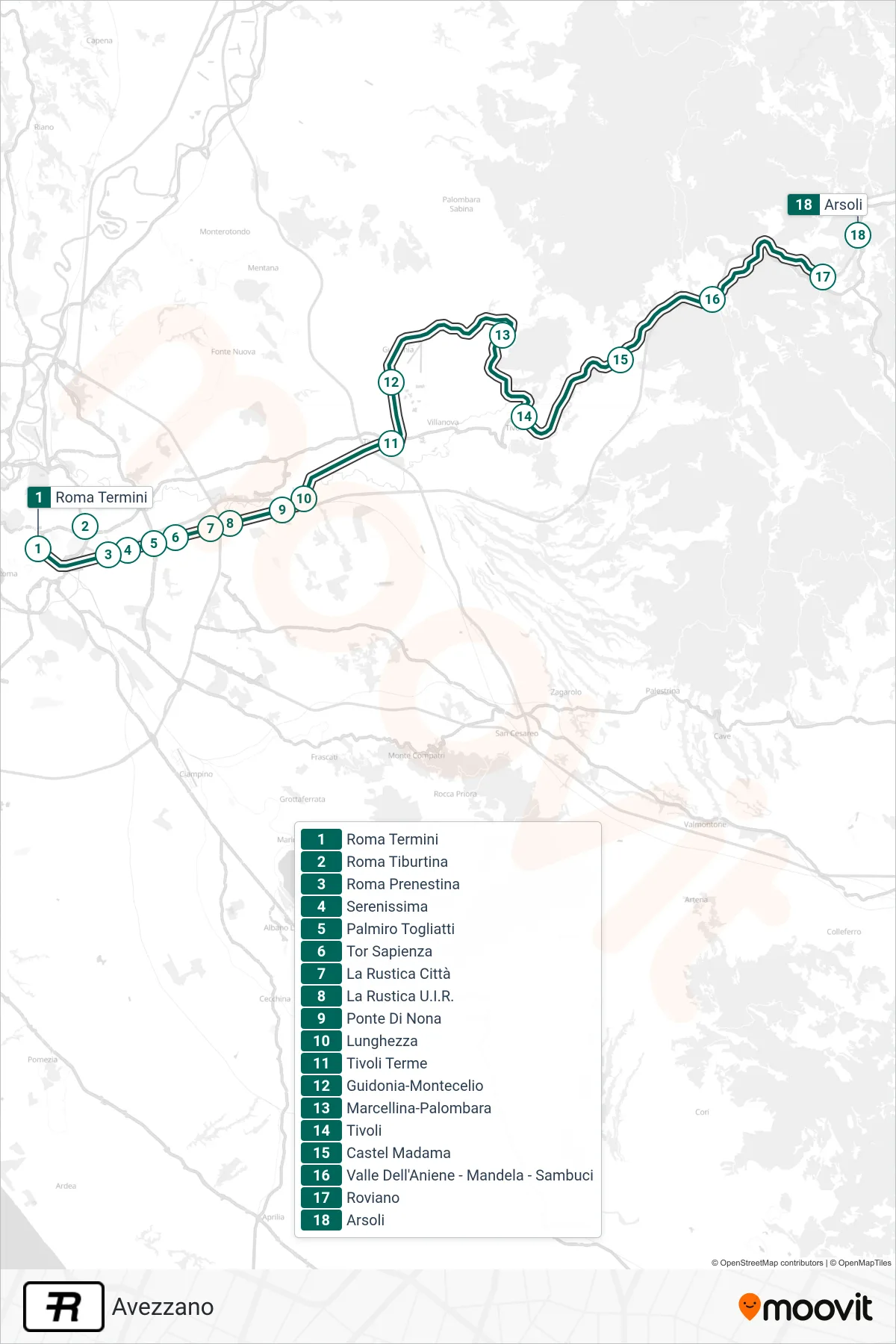 Linea R treno (Avezzano) - Percorsi e fermate sulla mappa