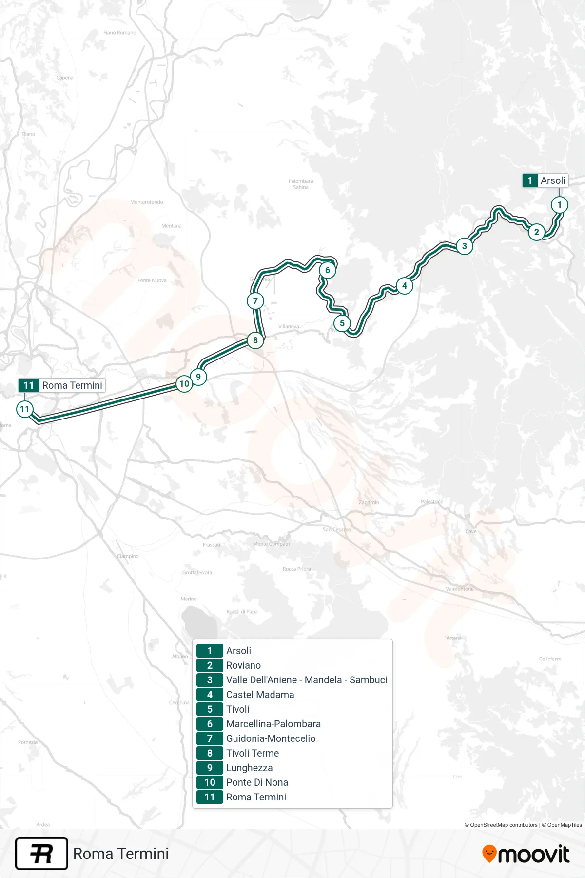 Linea R treno (Roma Termini) - Percorsi e fermate sulla mappa