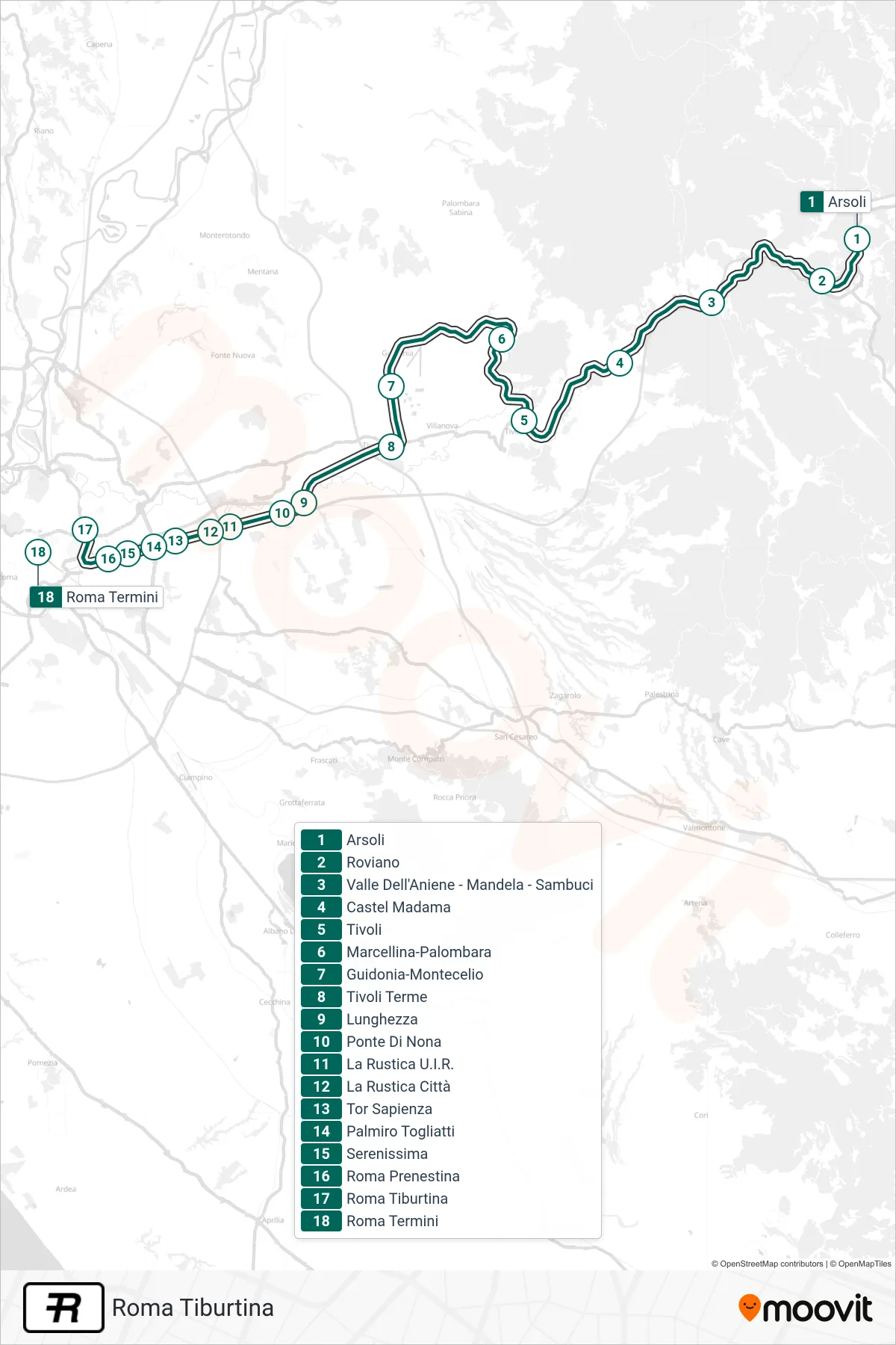 Linea R treno (Roma Tiburtina) - Percorsi e fermate sulla mappa