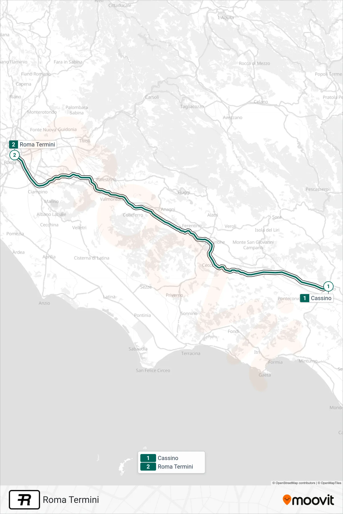 Linea R treno (Roma Termini) - Percorsi e fermate sulla mappa