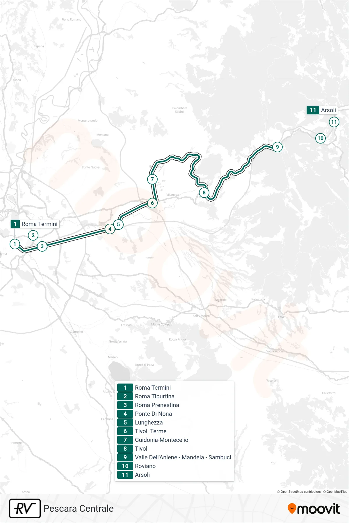 Linea RV treno (Pescara Centrale) - Percorsi e fermate sulla mappa