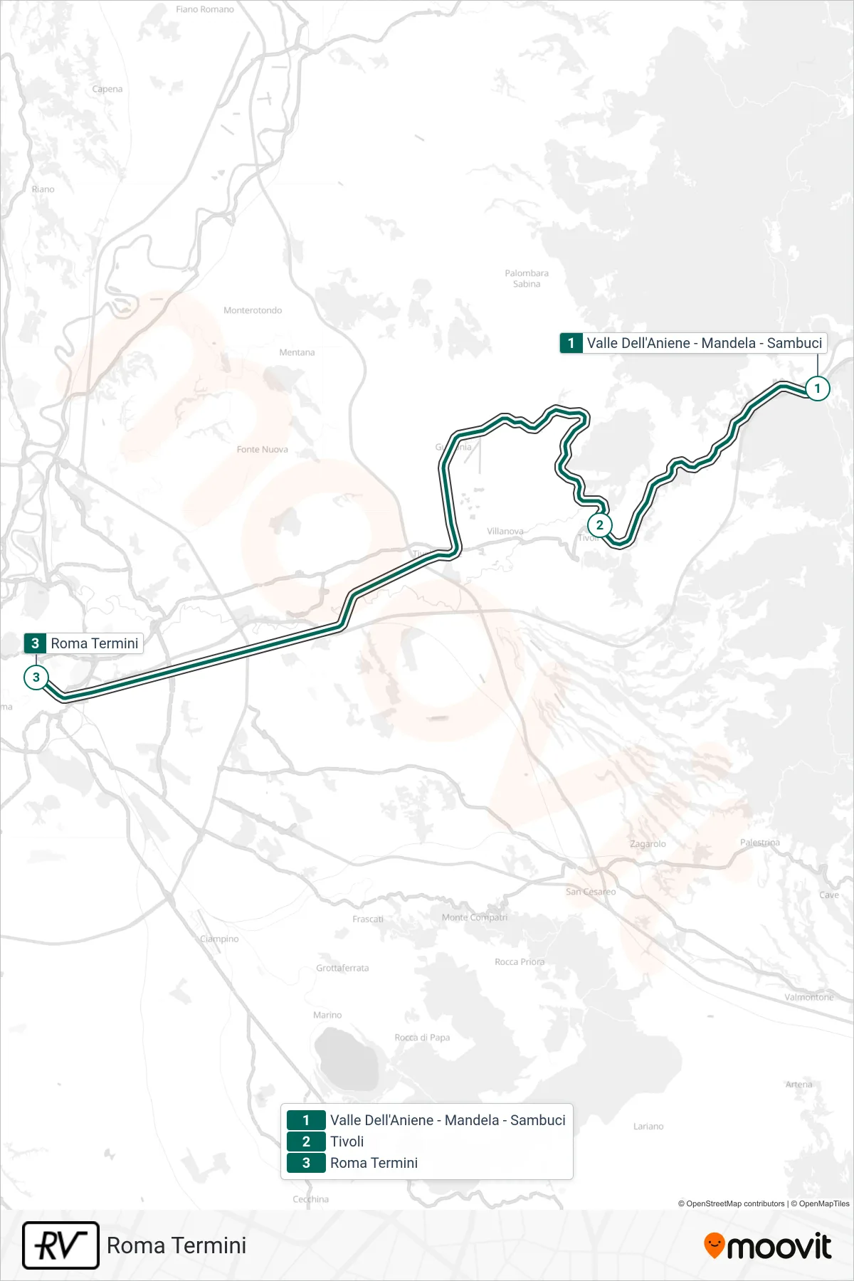 Linea RV treno (Roma Termini) - Percorsi e fermate sulla mappa
