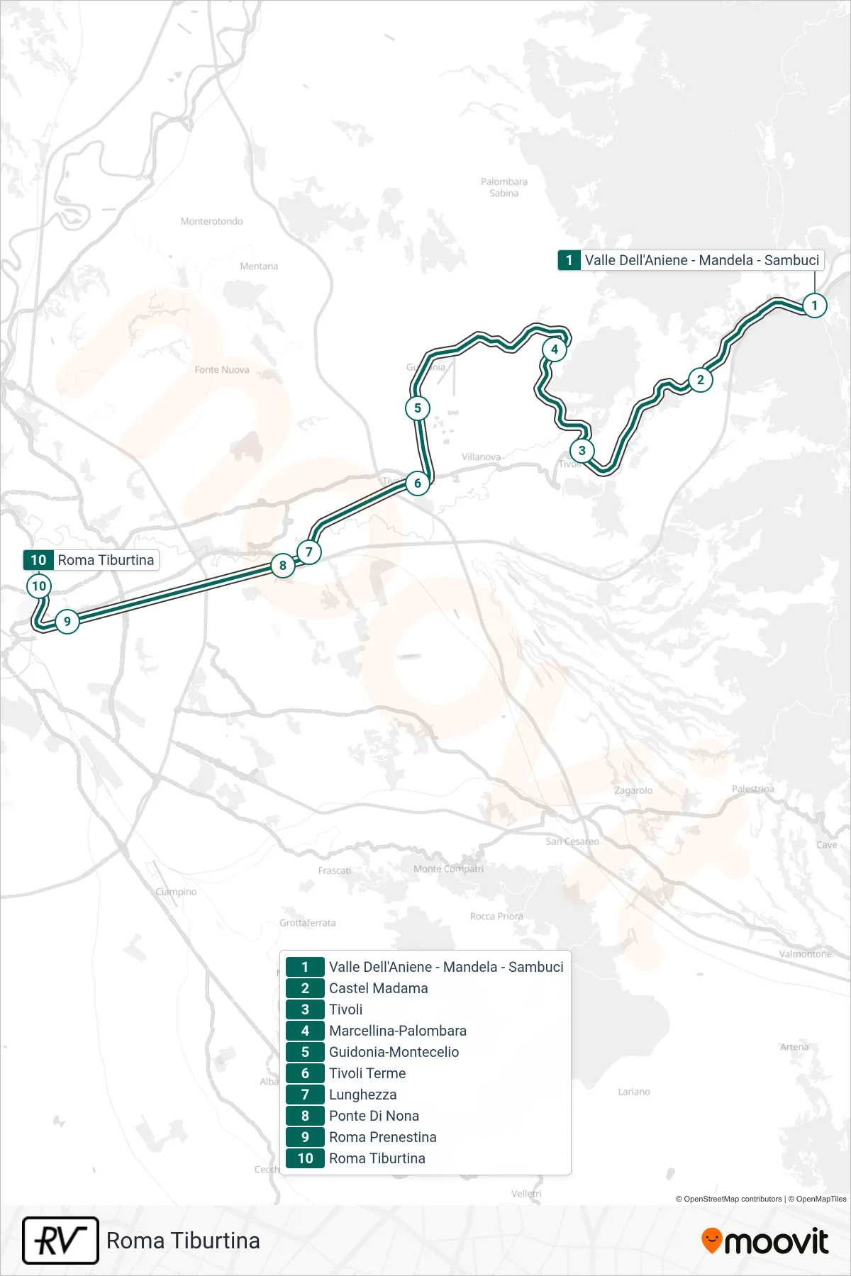 Linea RV treno (Roma Tiburtina) - Percorsi e fermate sulla mappa