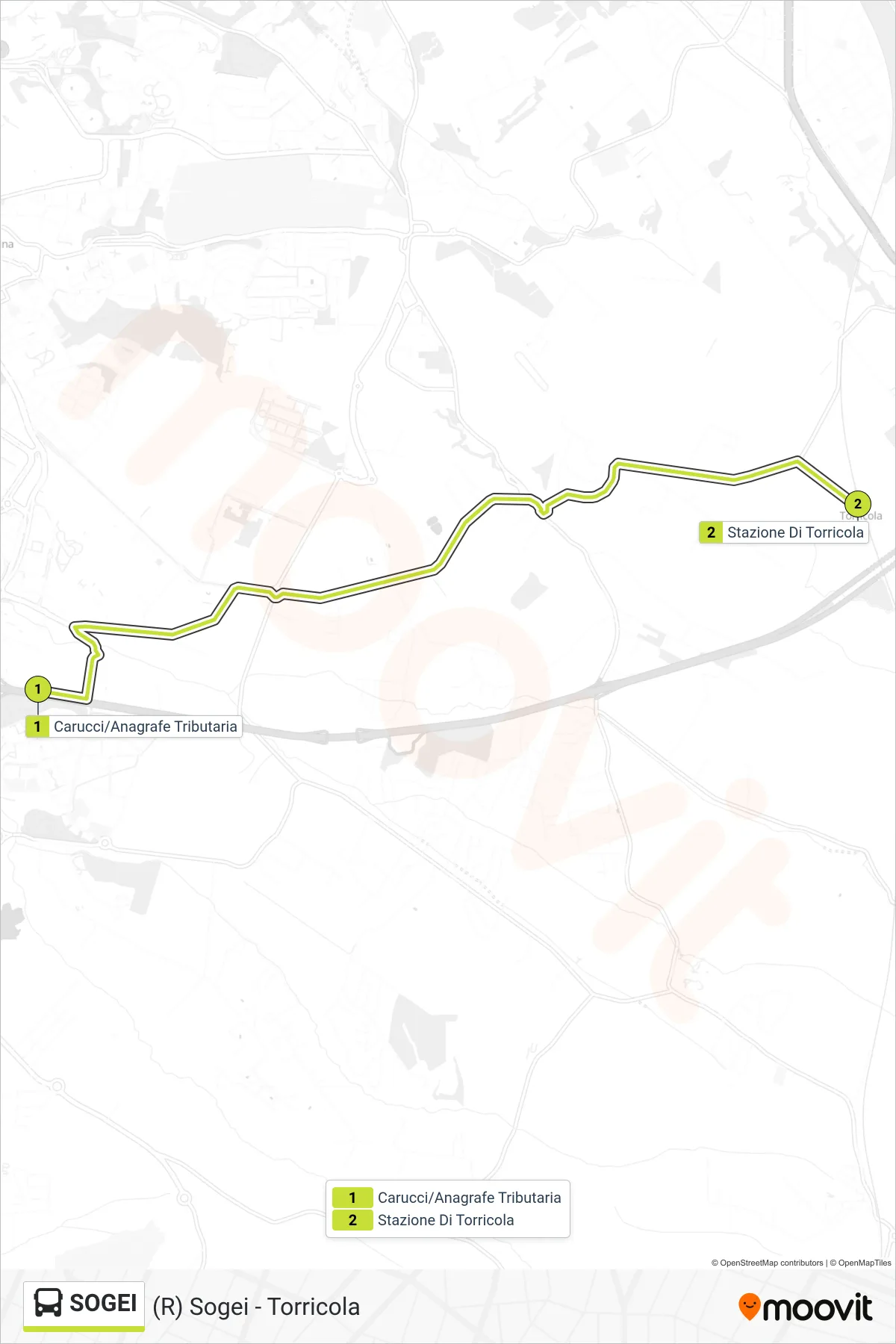 SOGEI bus Line ((R) Sogei - Torricola) route and stops on a map