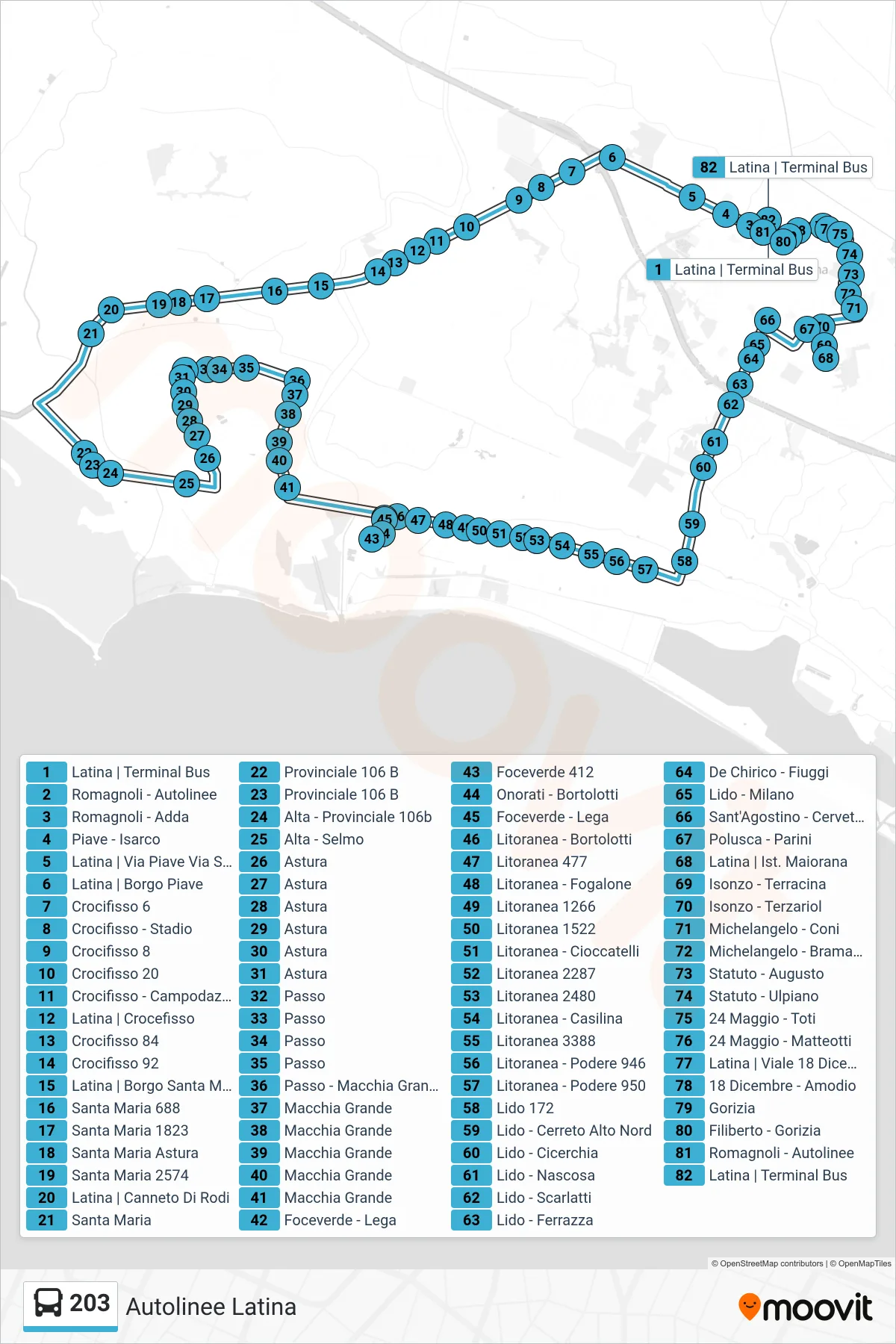 Linea 203 bus (Autolinee Latina) - Percorsi e fermate sulla mappa