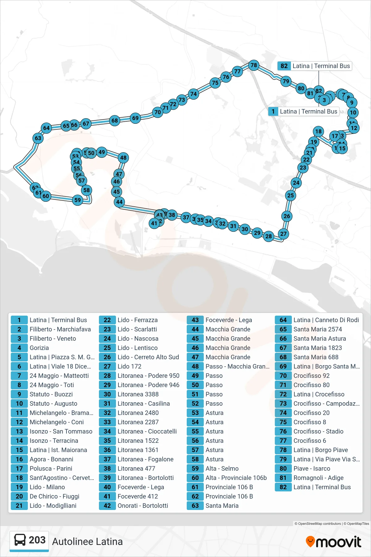 Linea 203 bus (Autolinee Latina) - Percorsi e fermate sulla mappa