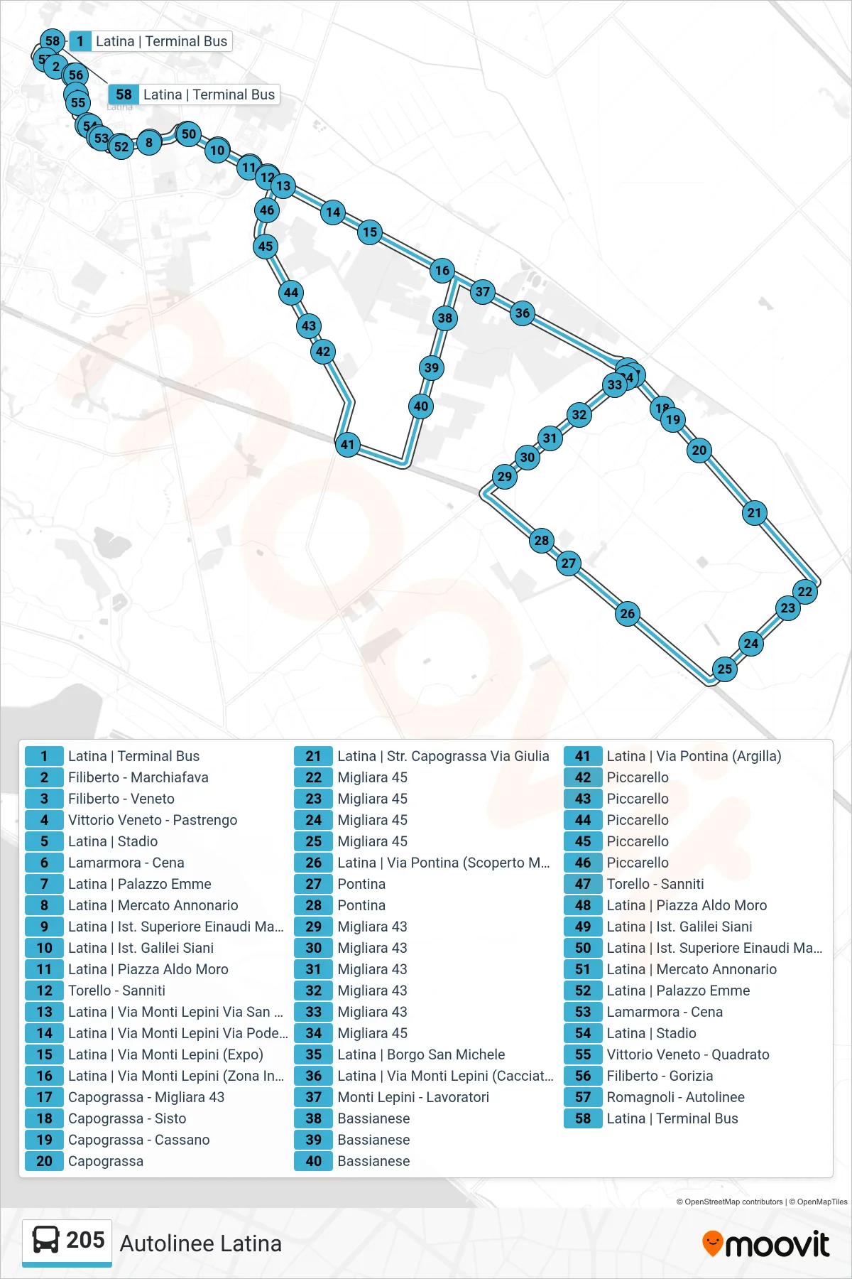Linea 205 bus (Autolinee Latina) - Percorsi e fermate sulla mappa