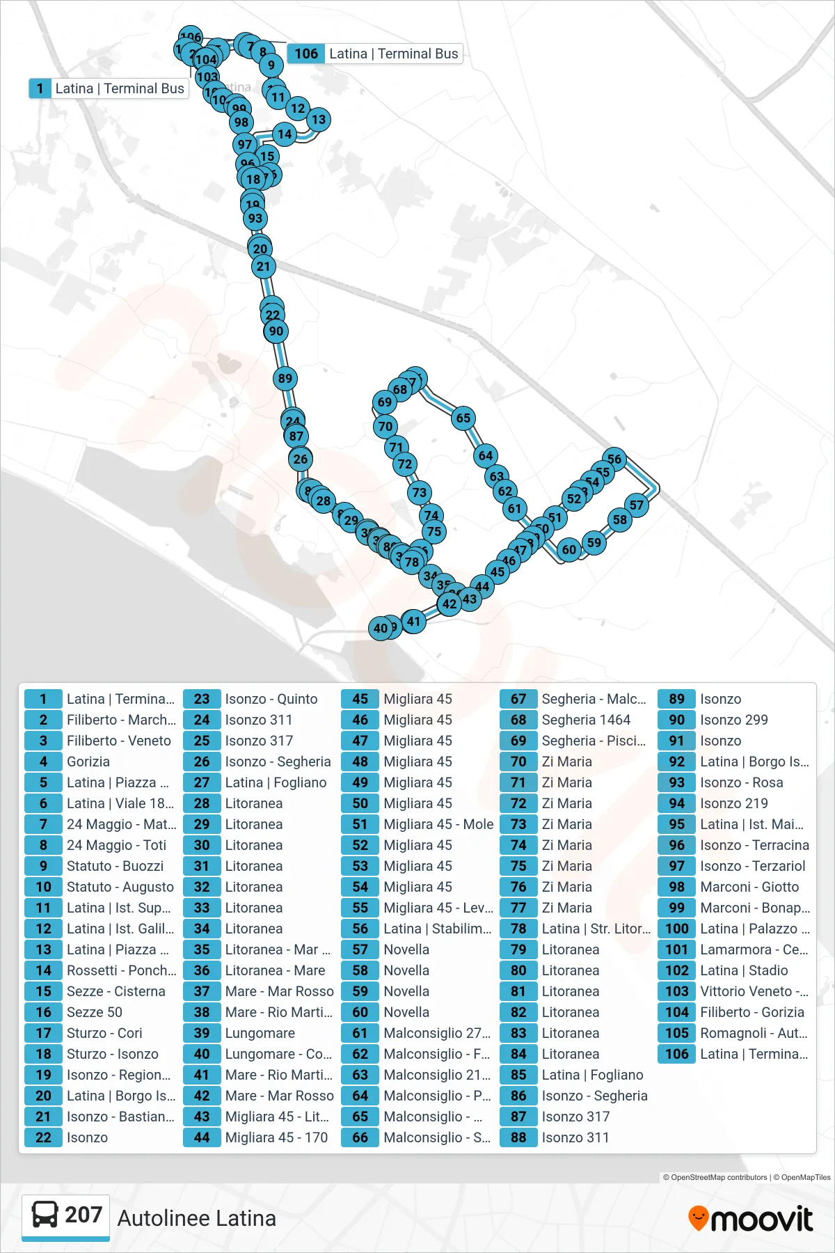 Linea 207 bus (Autolinee Latina) - Percorsi e fermate sulla mappa