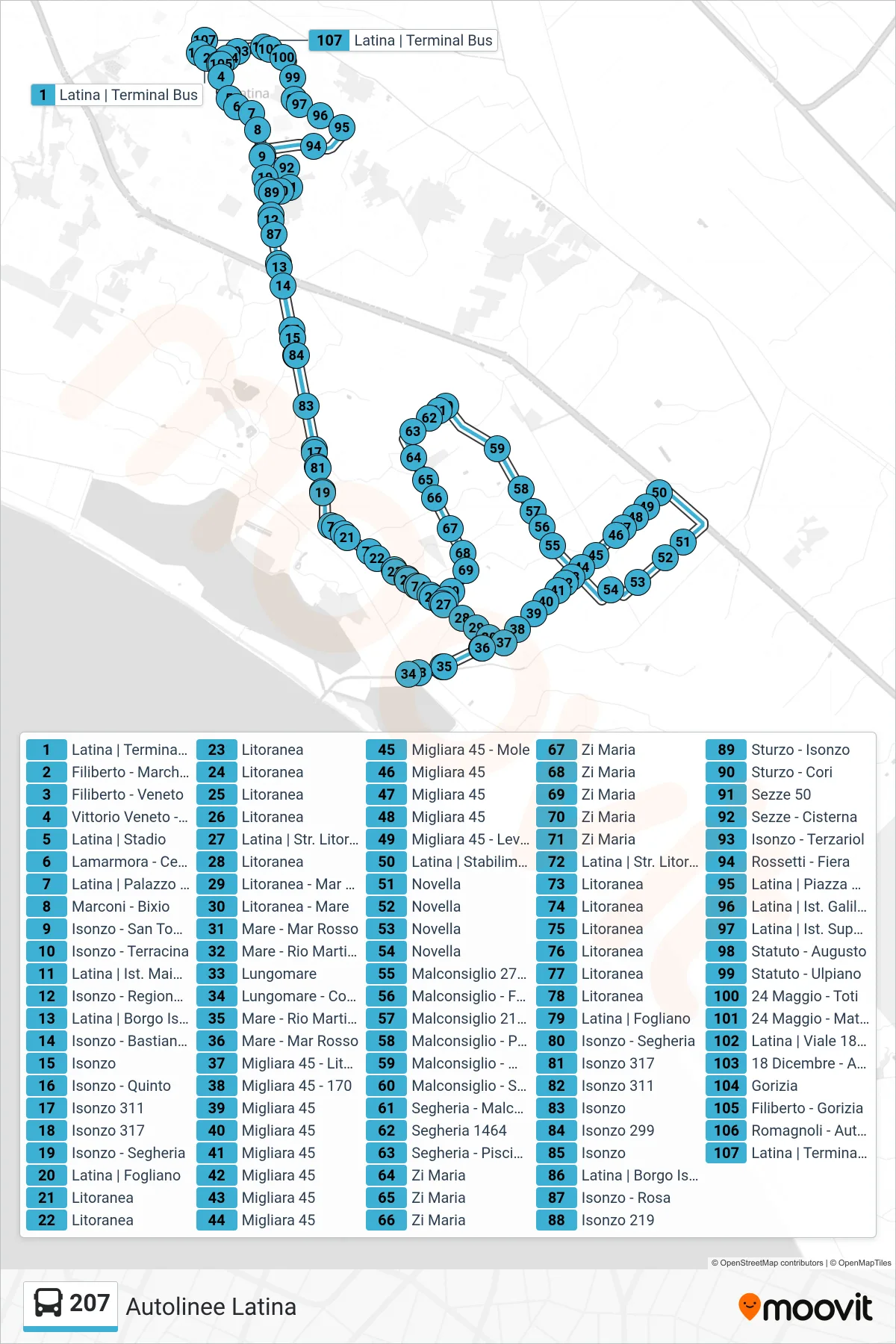 207 bus Line (Latina Bus Terminal) route and stops on a map
