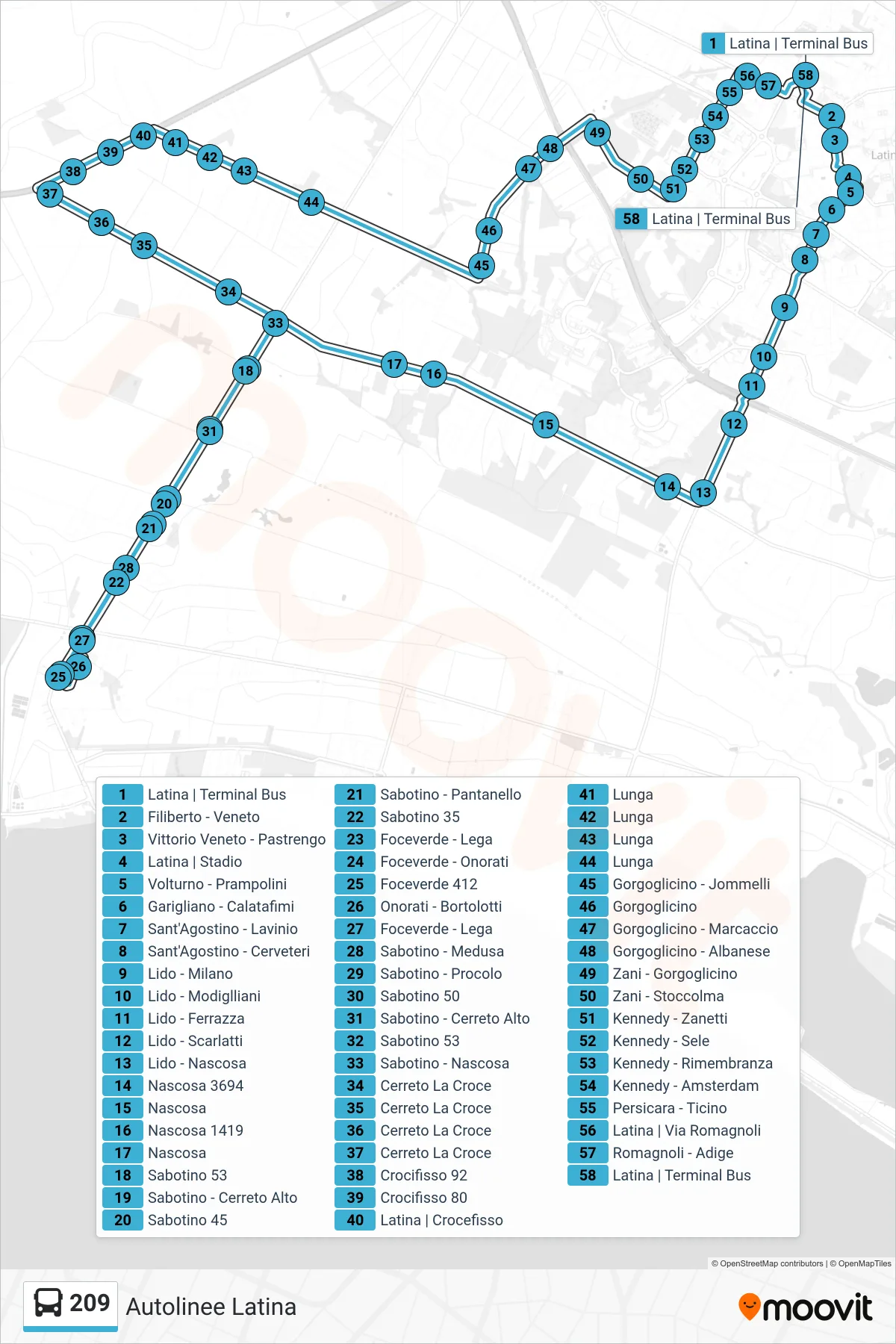 Linea 209 bus (Autolinee Latina) - Percorsi e fermate sulla mappa