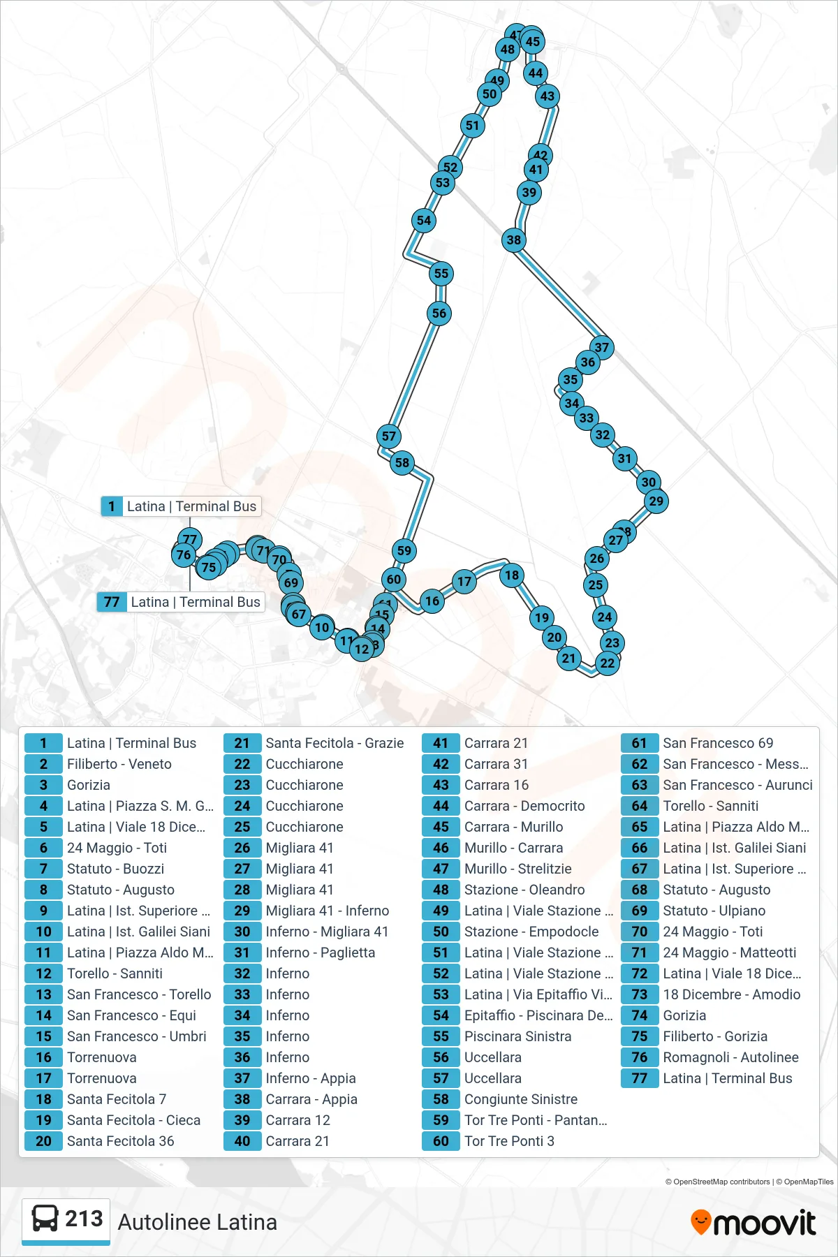 Linea 213 bus (Autolinee Latina) - Percorsi e fermate sulla mappa