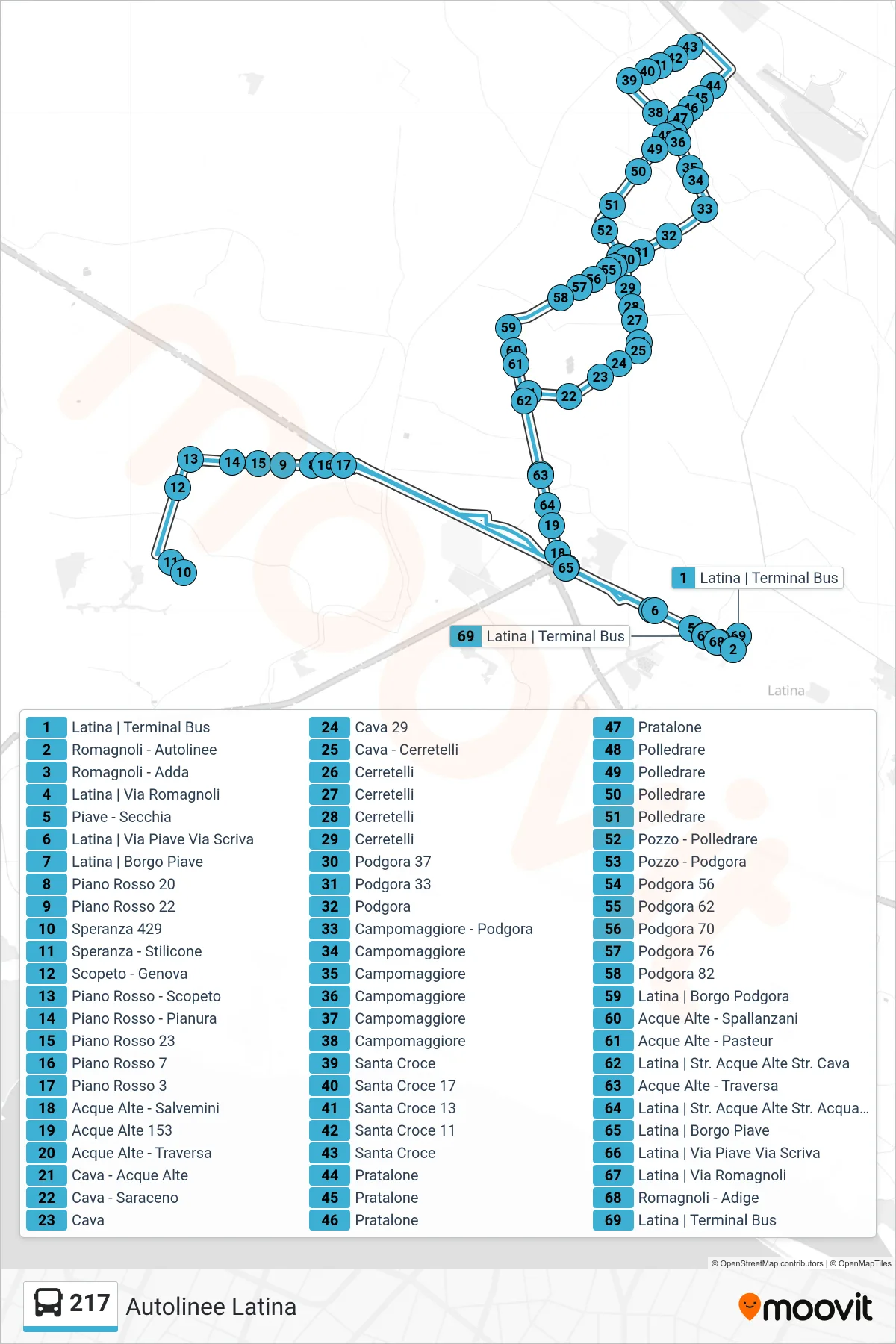 Linea 217 bus (Autolinee Latina) - Percorsi e fermate sulla mappa