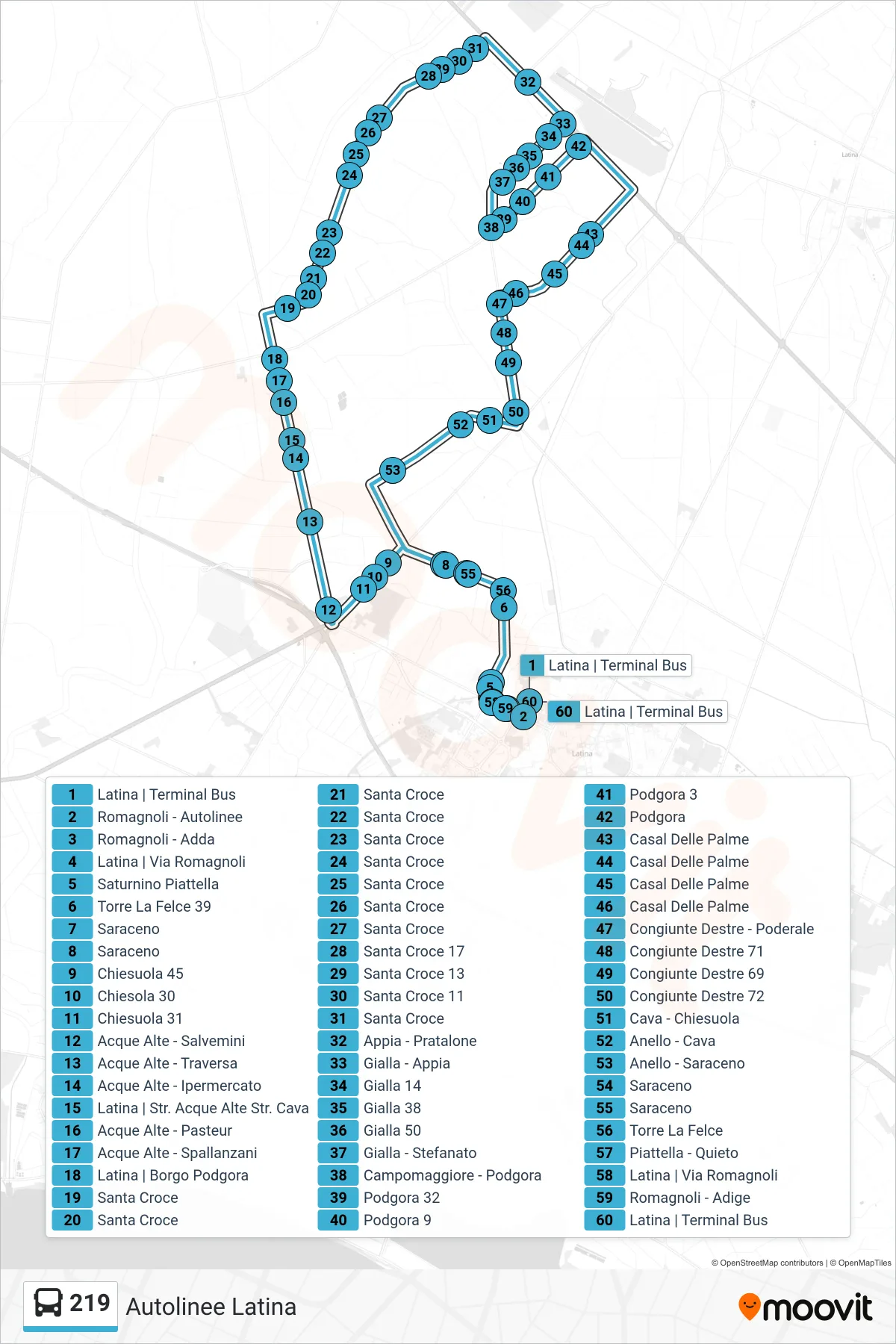 219 bus Line (Latina Bus Terminal) route and stops on a map