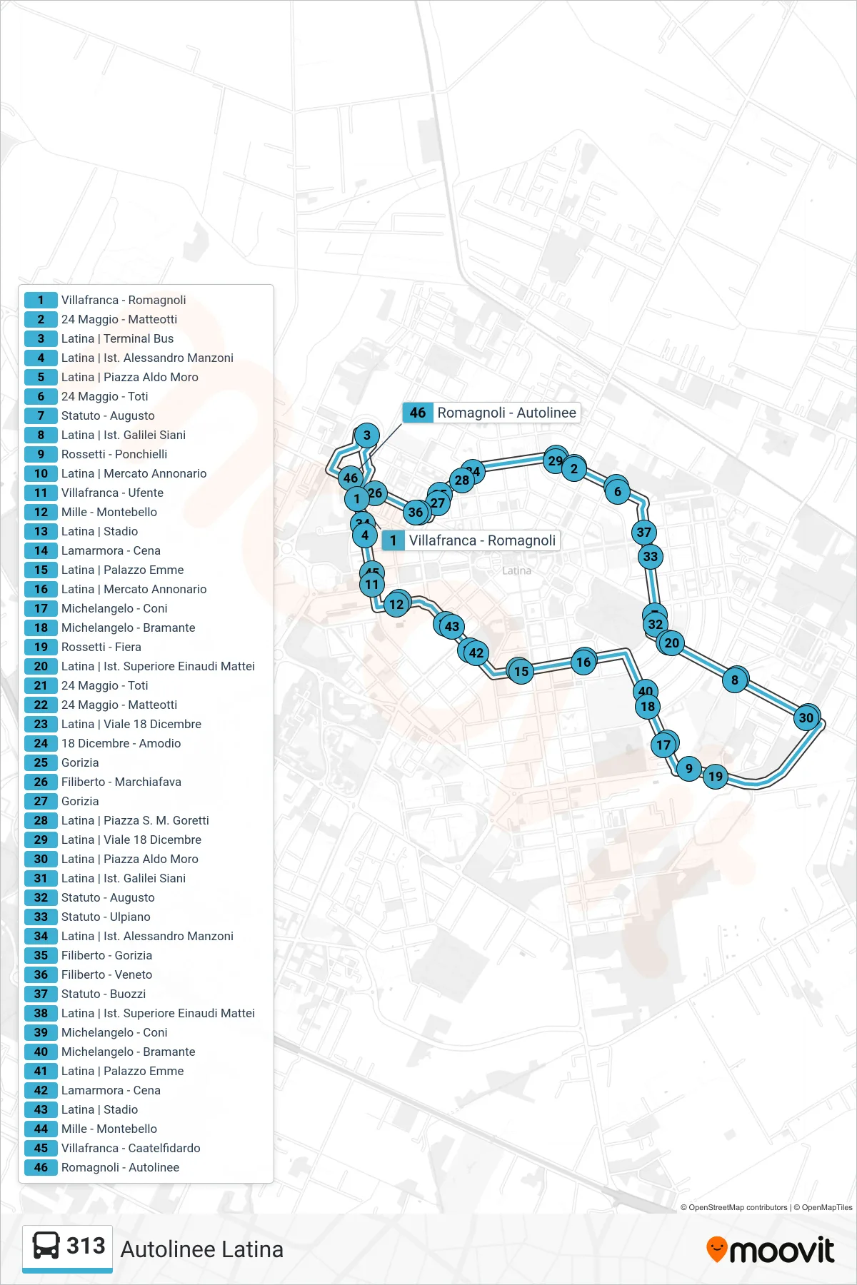 Linea 313  bus (Autolinee Latina) - Percorsi e fermate sulla mappa
