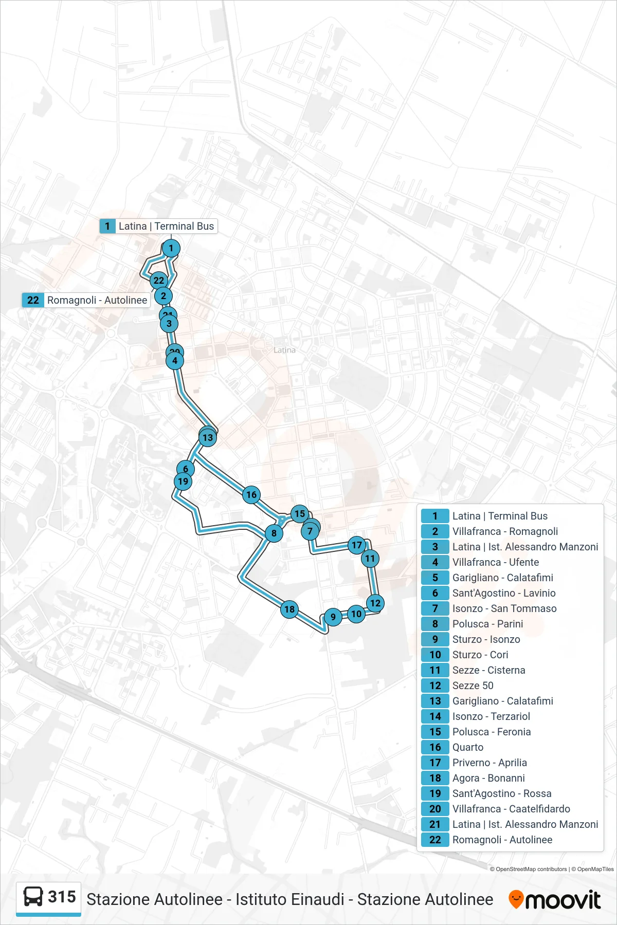 Linea 315 bus (Autolinee Latina) - Percorsi e fermate sulla mappa