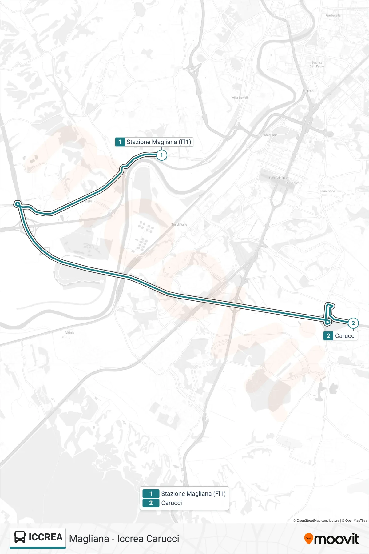 Linea ICCREA bus (Magliana - Iccrea Carucci) - Percorsi e fermate sulla mappa