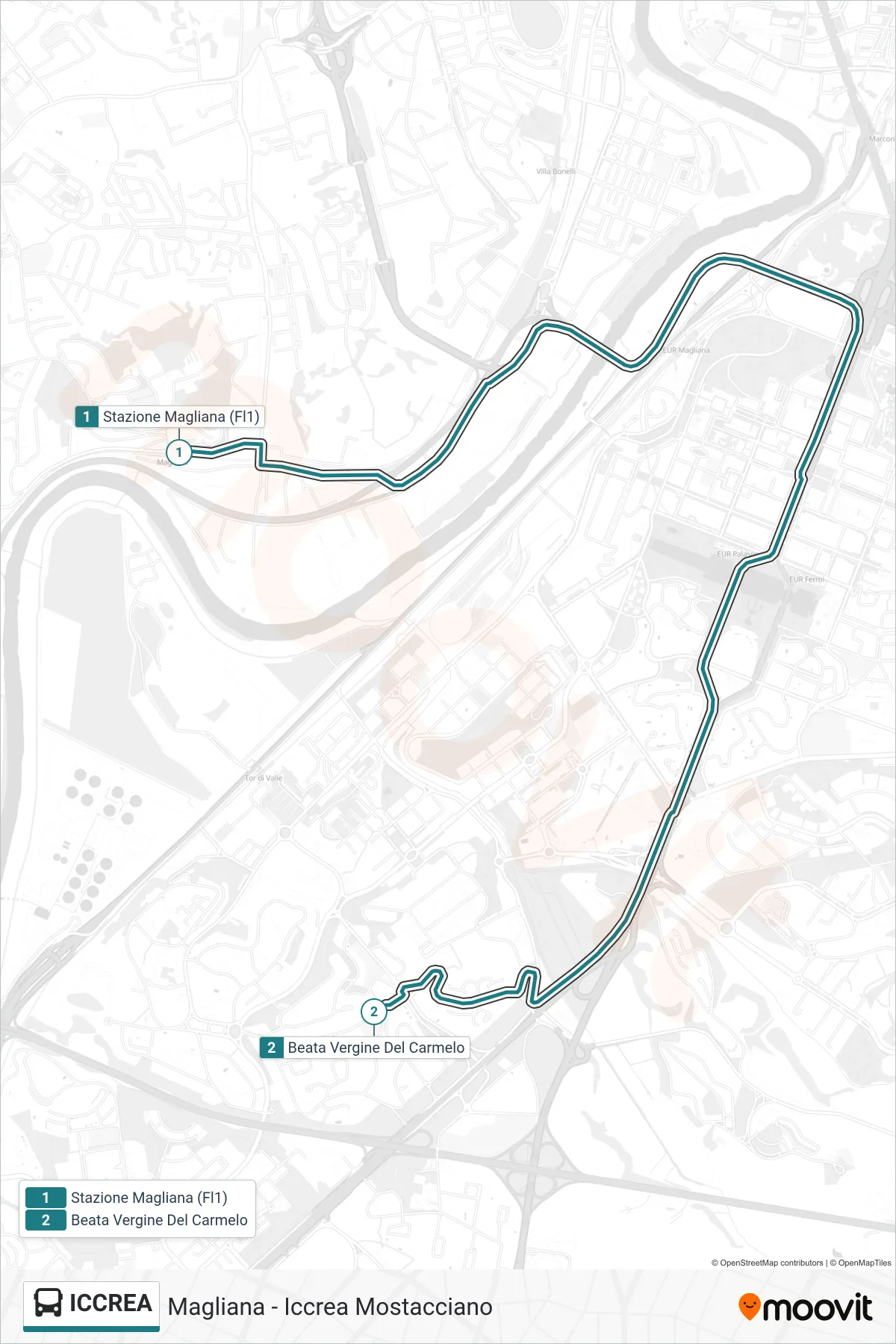 Linea ICCREA bus (Magliana - Iccrea Mostacciano) - Percorsi e fermate sulla mappa