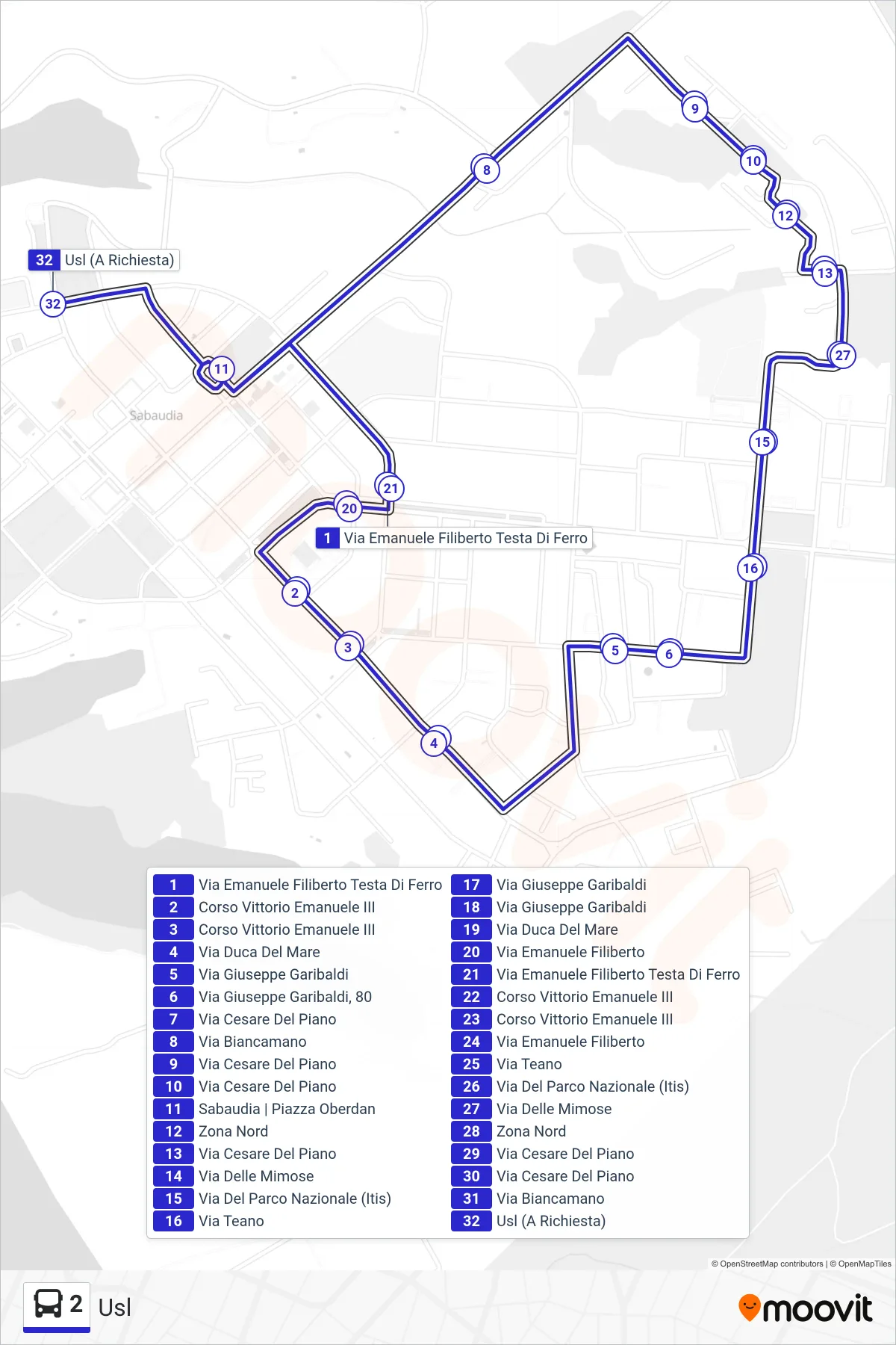 Linea 2 bus (Usl) - Percorsi e fermate sulla mappa
