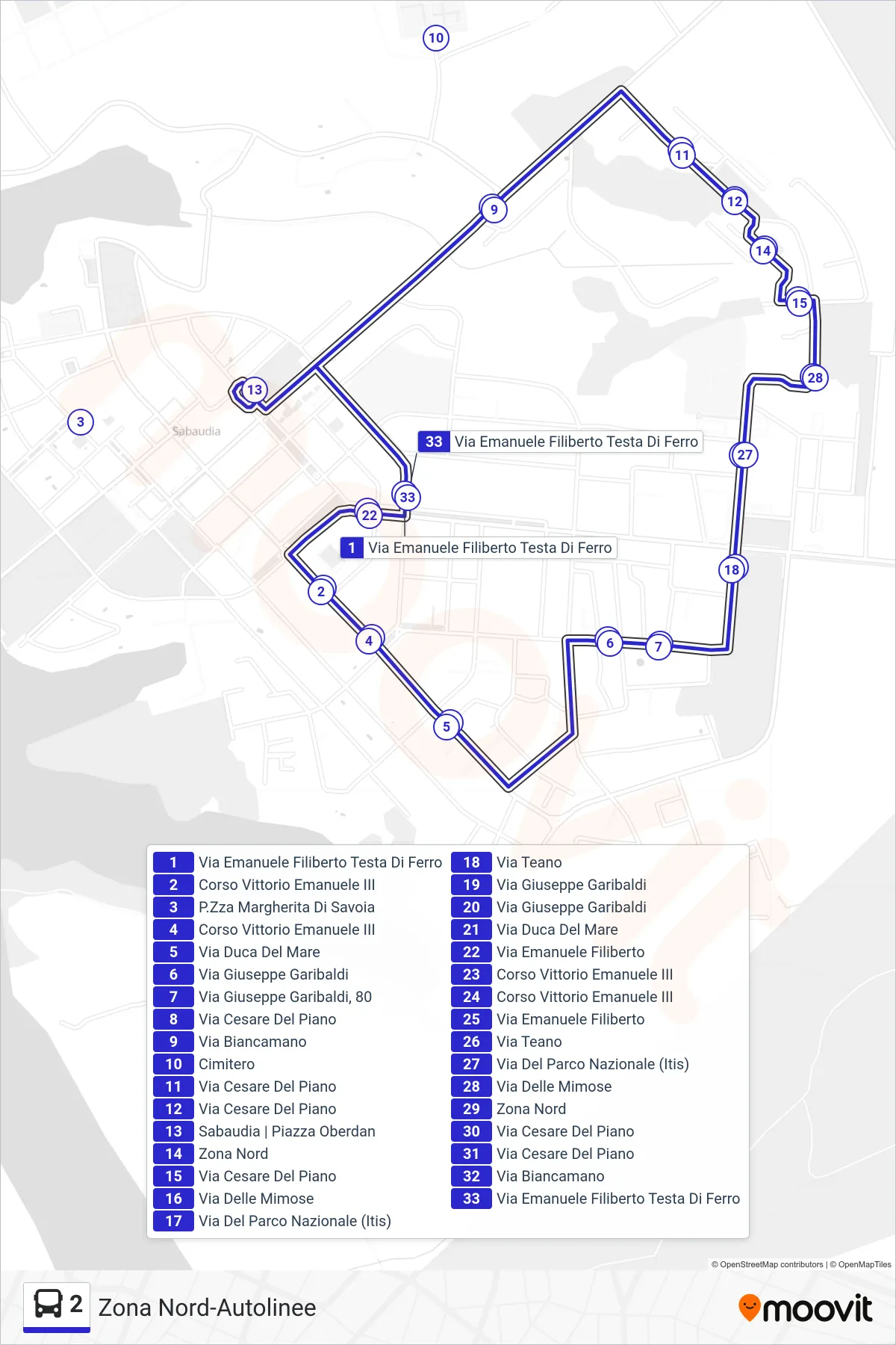 Linea 2 bus (Zona Nord-Autolinee) - Percorsi e fermate sulla mappa
