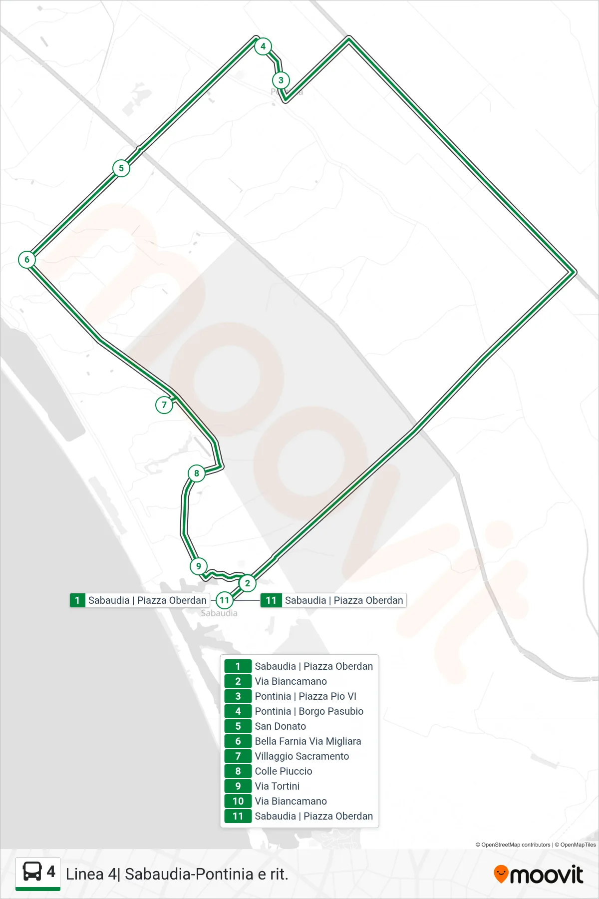 Linea 4 bus (B.go Pasubio (Pontinia)-San Donato-Autolinee) - Percorsi e fermate sulla mappa