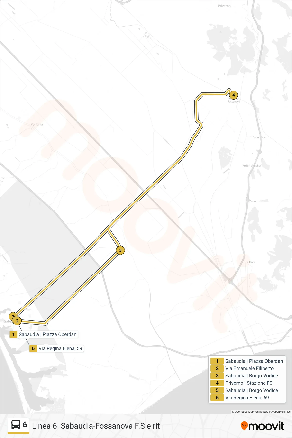 Linea 6 bus (B.go Vodice-Fossanova F.S-Autolinee) - Percorsi e fermate sulla mappa