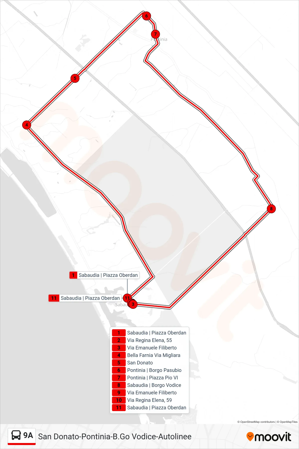 Linea 9A bus (San Donato-Pontinia-B.Go Vodice-Autolinee) - Percorsi e fermate sulla mappa